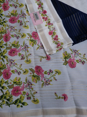Blue and White Crepe Silk Saree Online