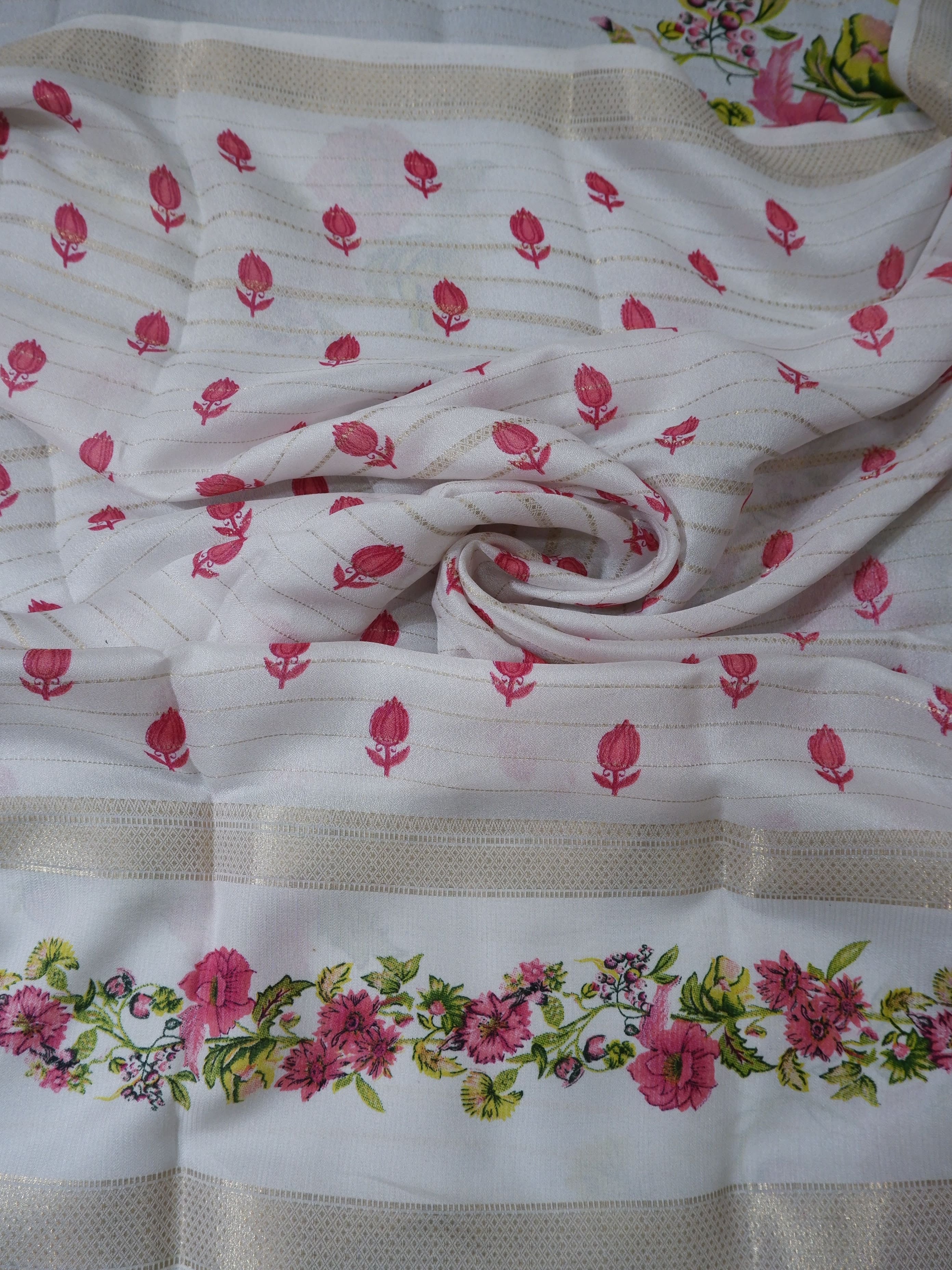 Blue and White Crepe Silk Saree Online