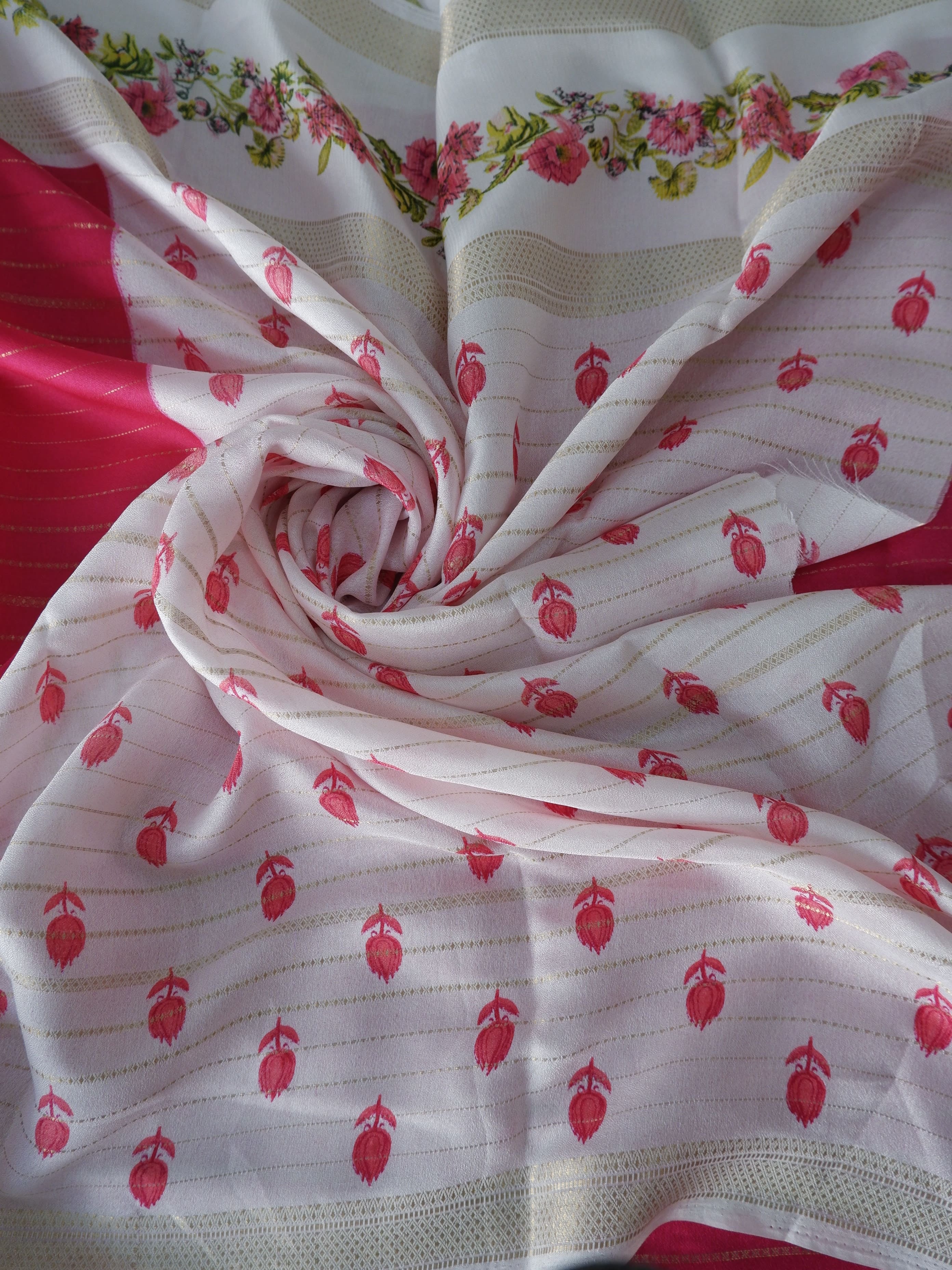 Elegant Pink & White Crepe Silk Saree Online