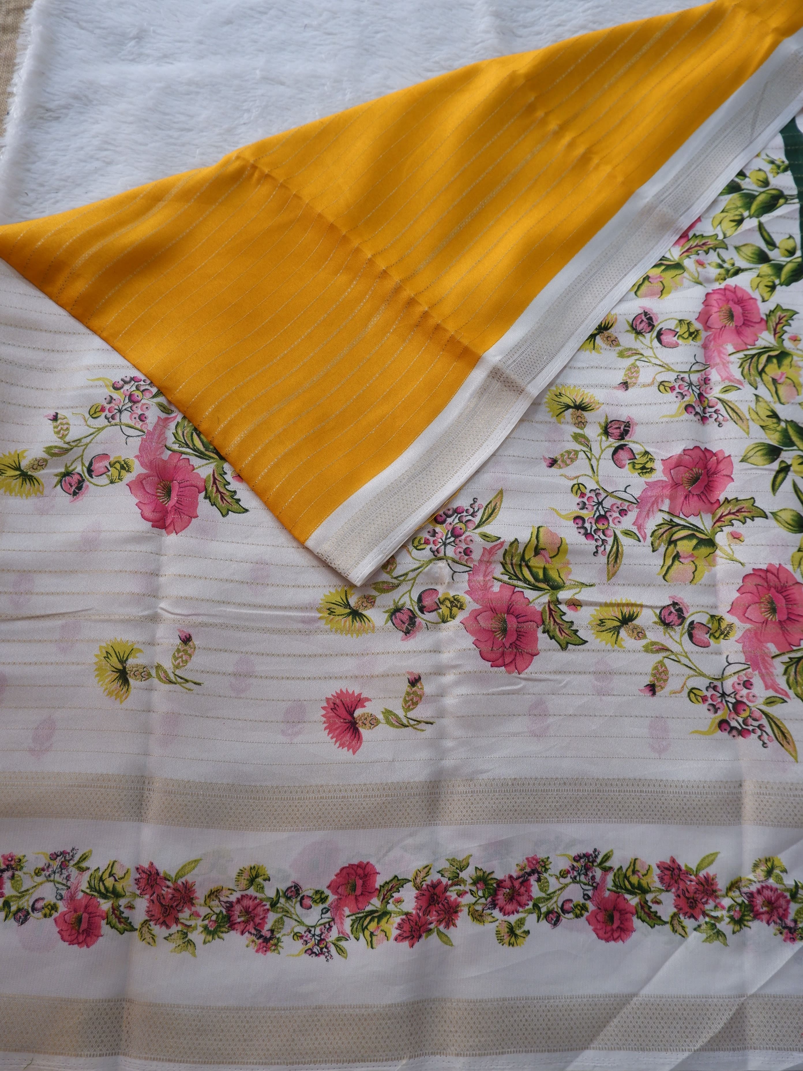 Yellow & White Crepe Silk Saree Online
