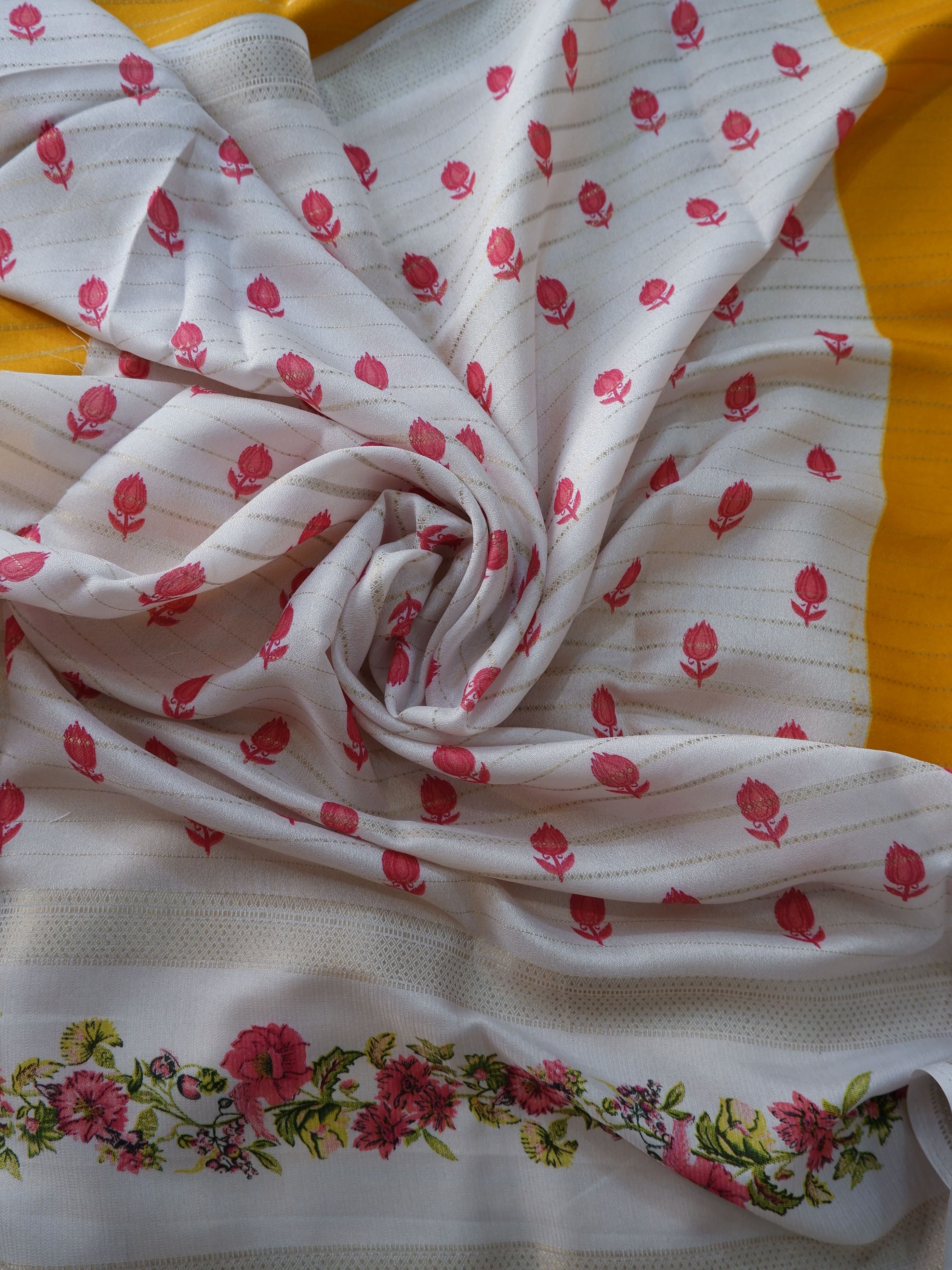Yellow & White Crepe Silk Saree Online