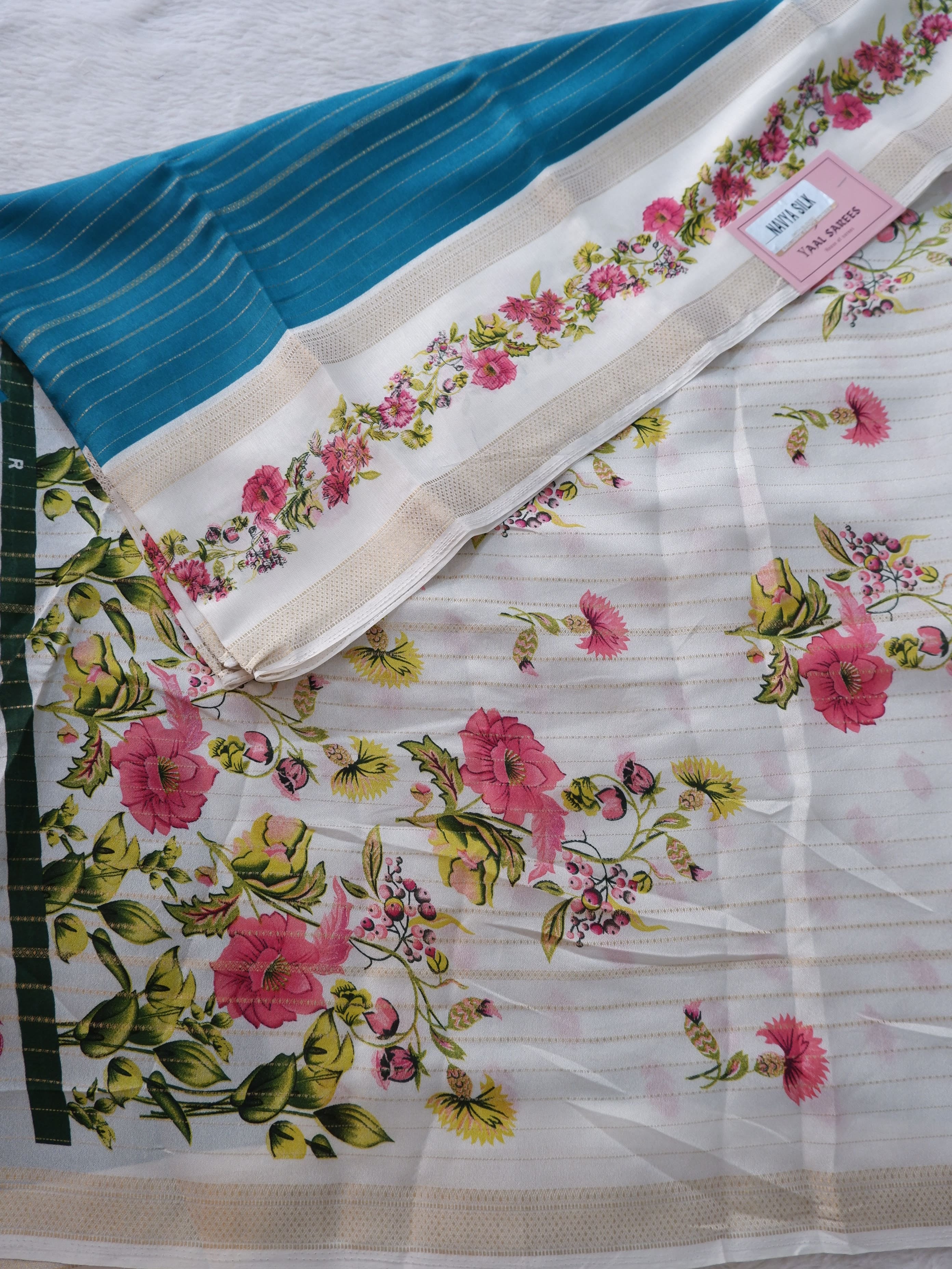 Rama Green & White Crepe Silk Saree Online