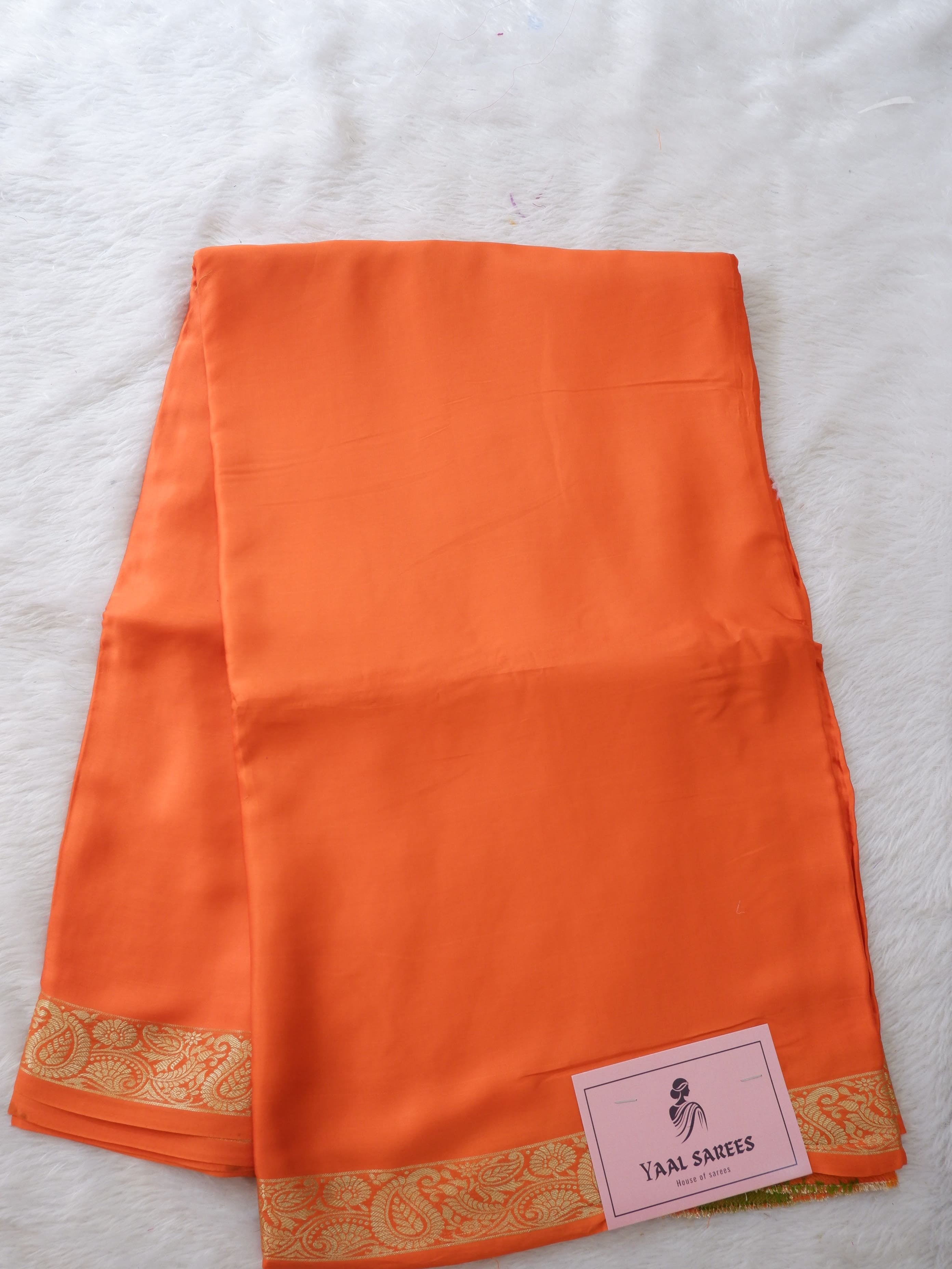 Plain Orange Satin Saree with Elegant Gold Border Online