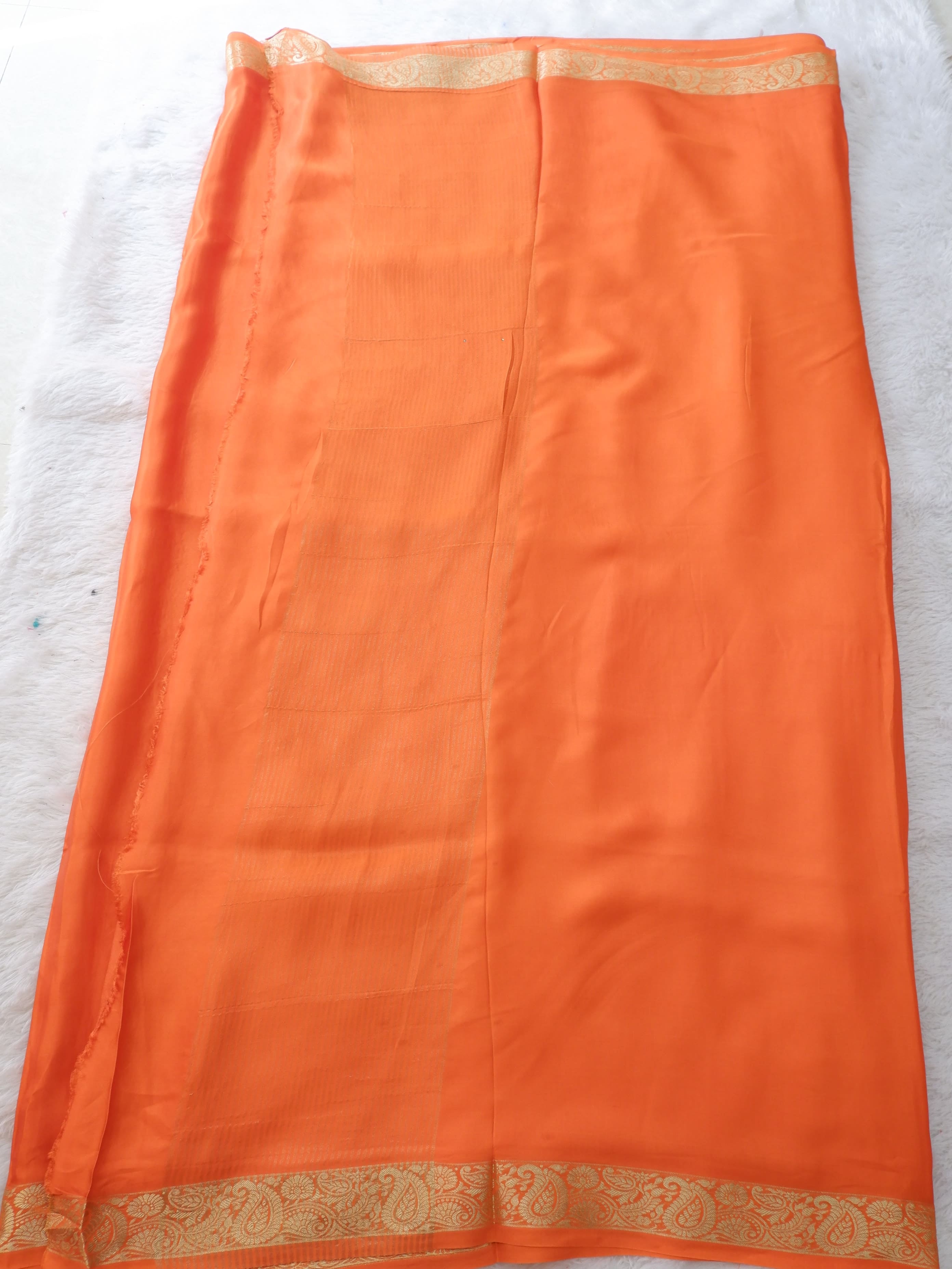 Plain Orange Satin Saree with Elegant Gold Border Online