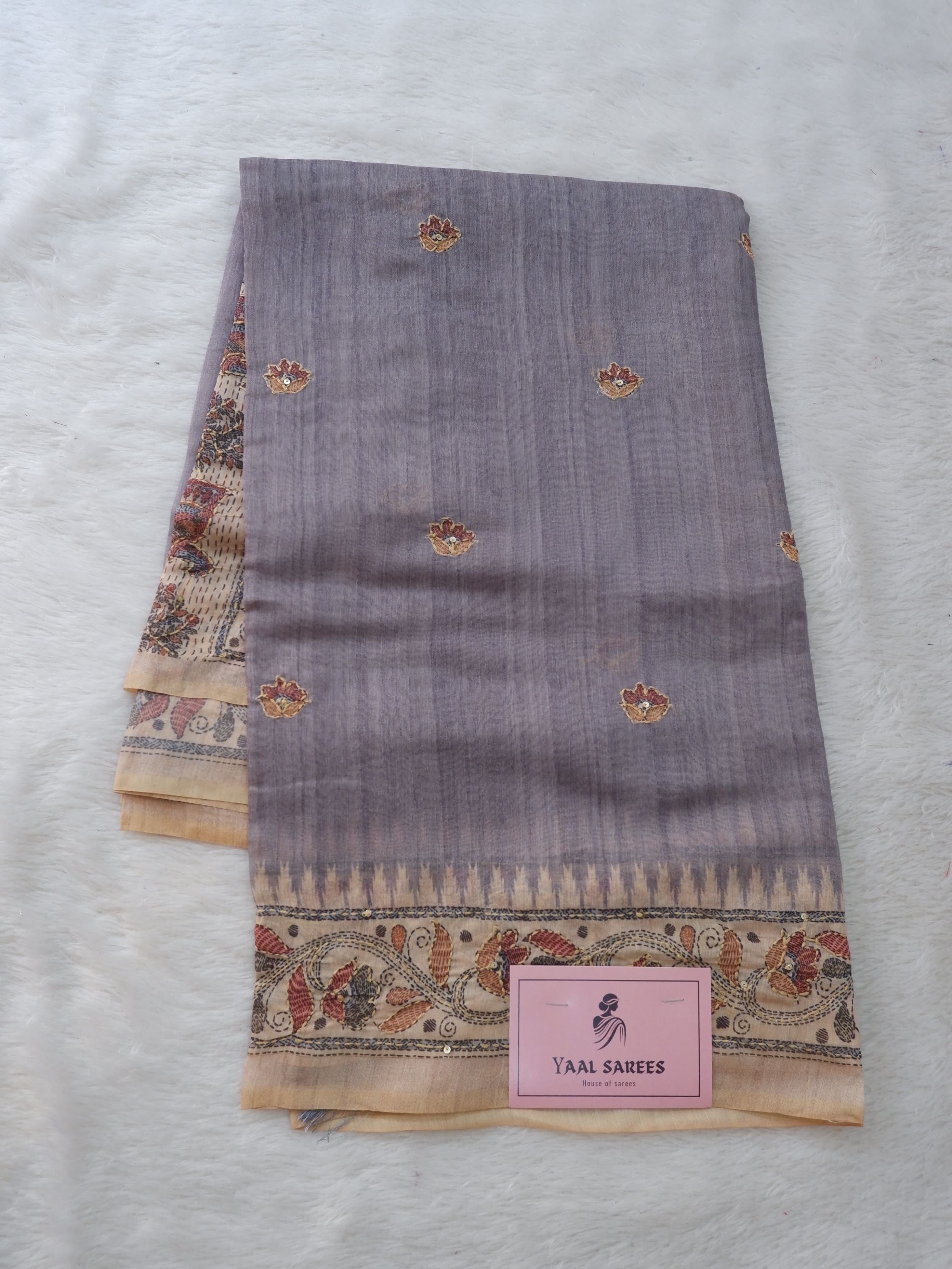 Ash Colour Chanderi Cotton Saree with Kantha Work & Sandal Colour Blouse | Elegant Festive Wear