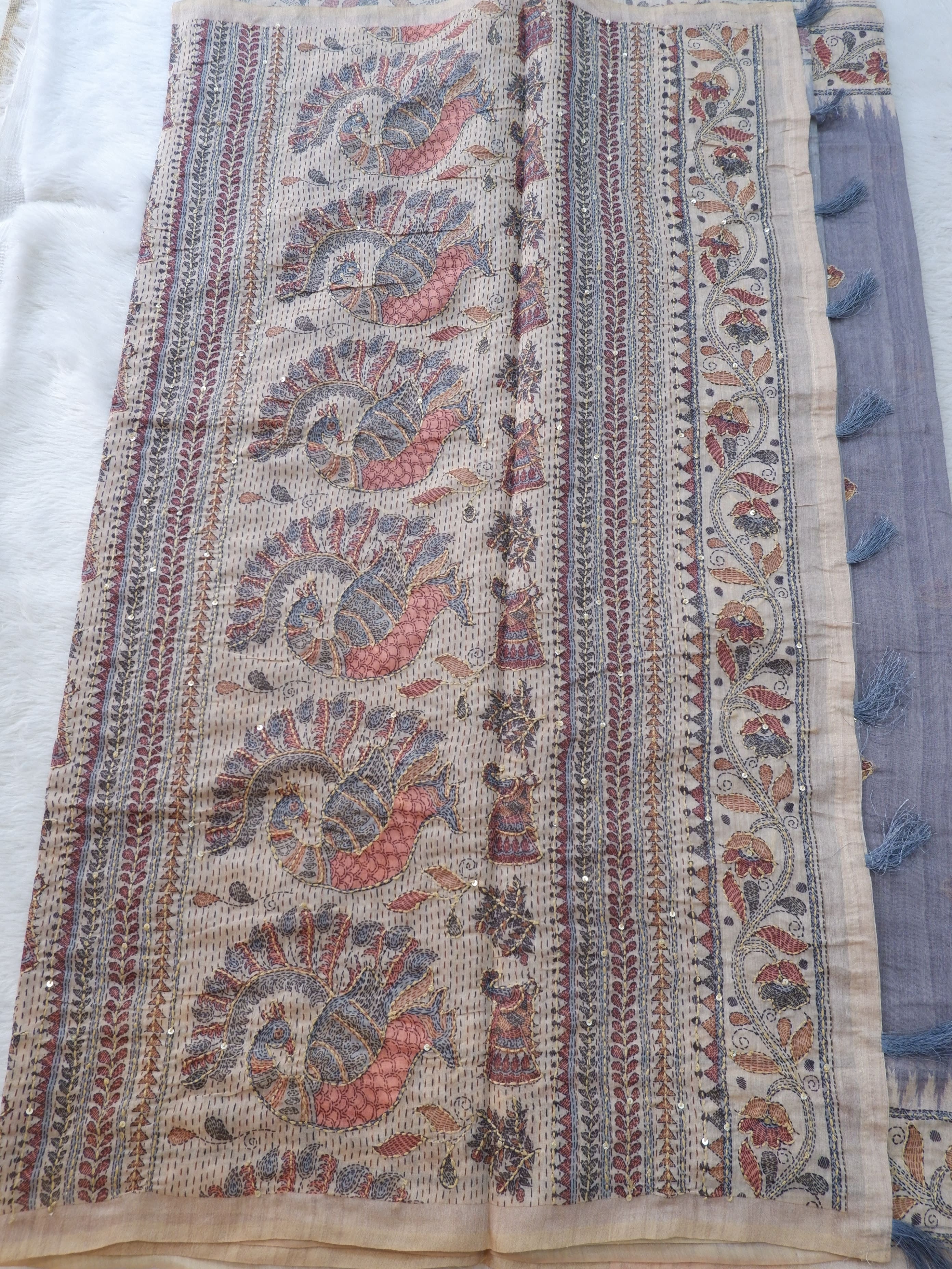 Ash Colour Chanderi Cotton Saree with Kantha Work & Sandal Colour Blouse | Elegant Festive Wear