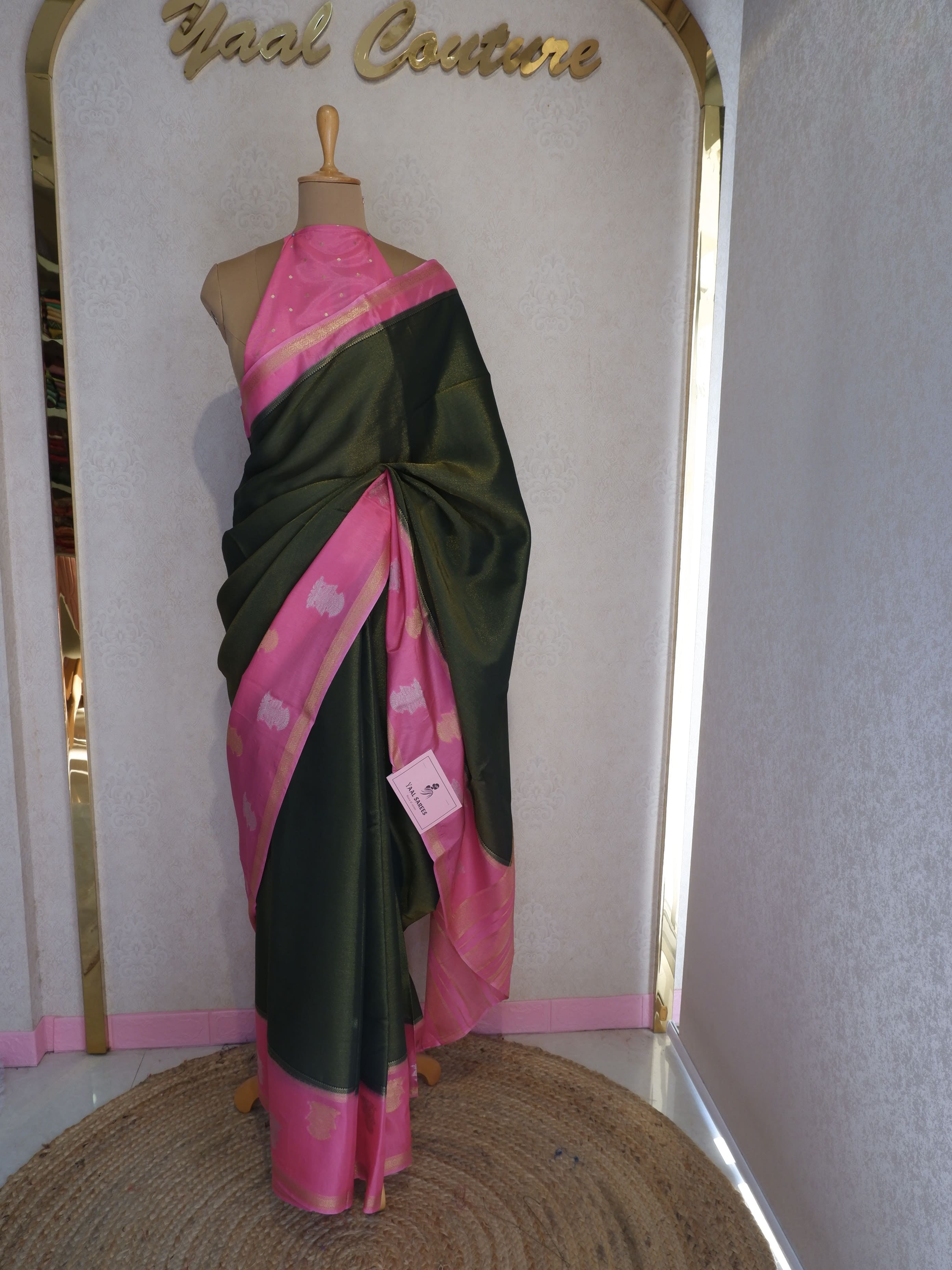 Garuda Berunda Tissue Green Saree with Golden Glitter Body, Pink Border & Pink Blouse