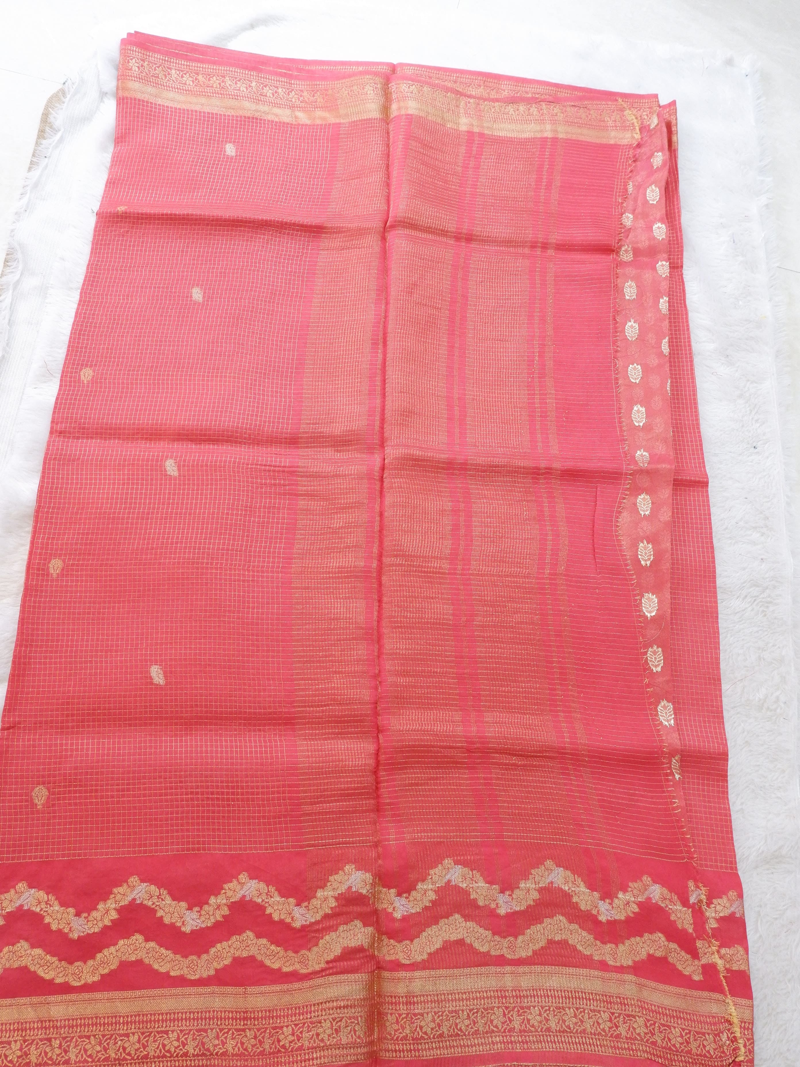 Red Cora Checks Saree with Gold Butties & Border | Elegant Festive Wear Saree