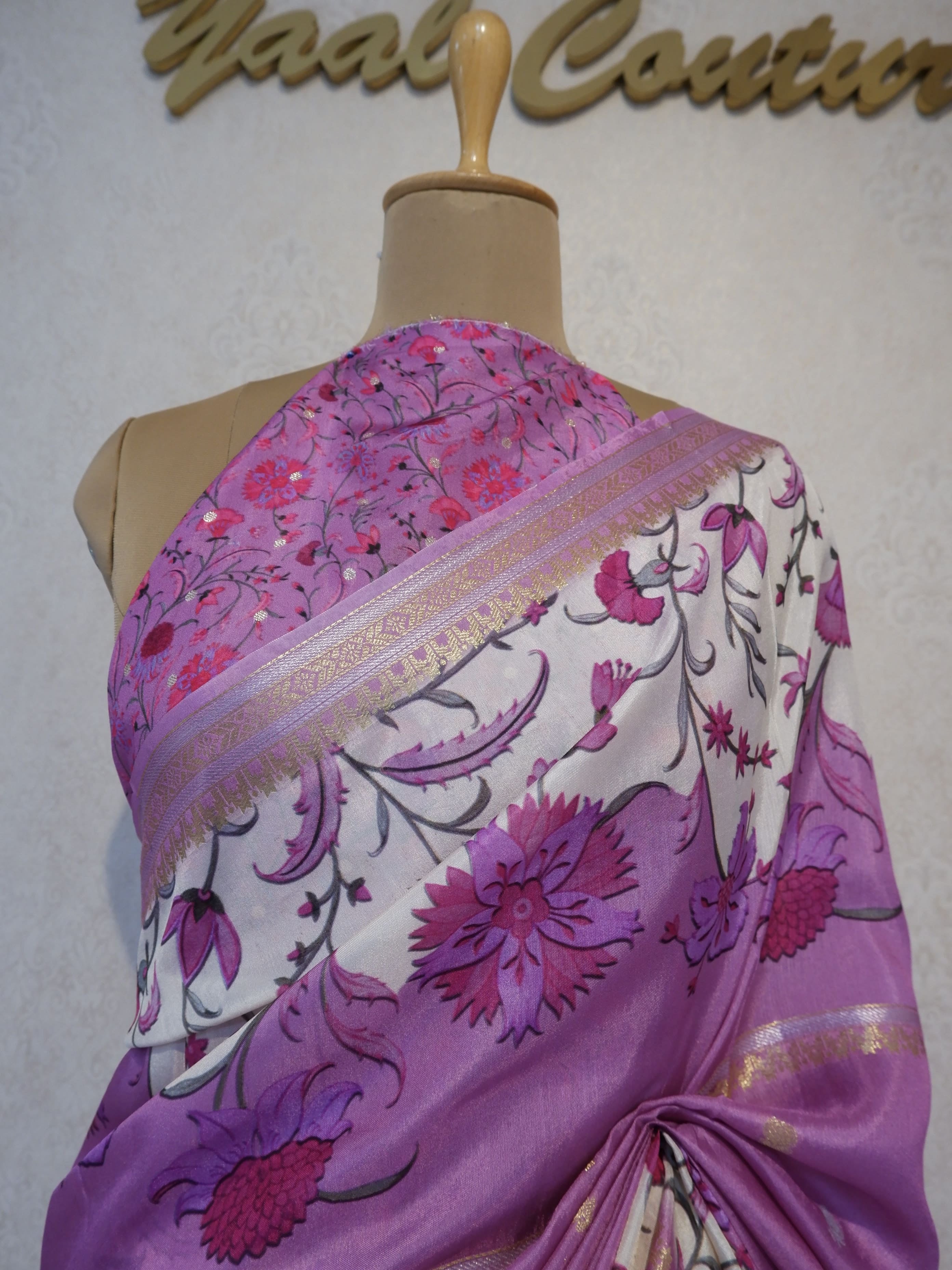 Purple and pink floral fabric.