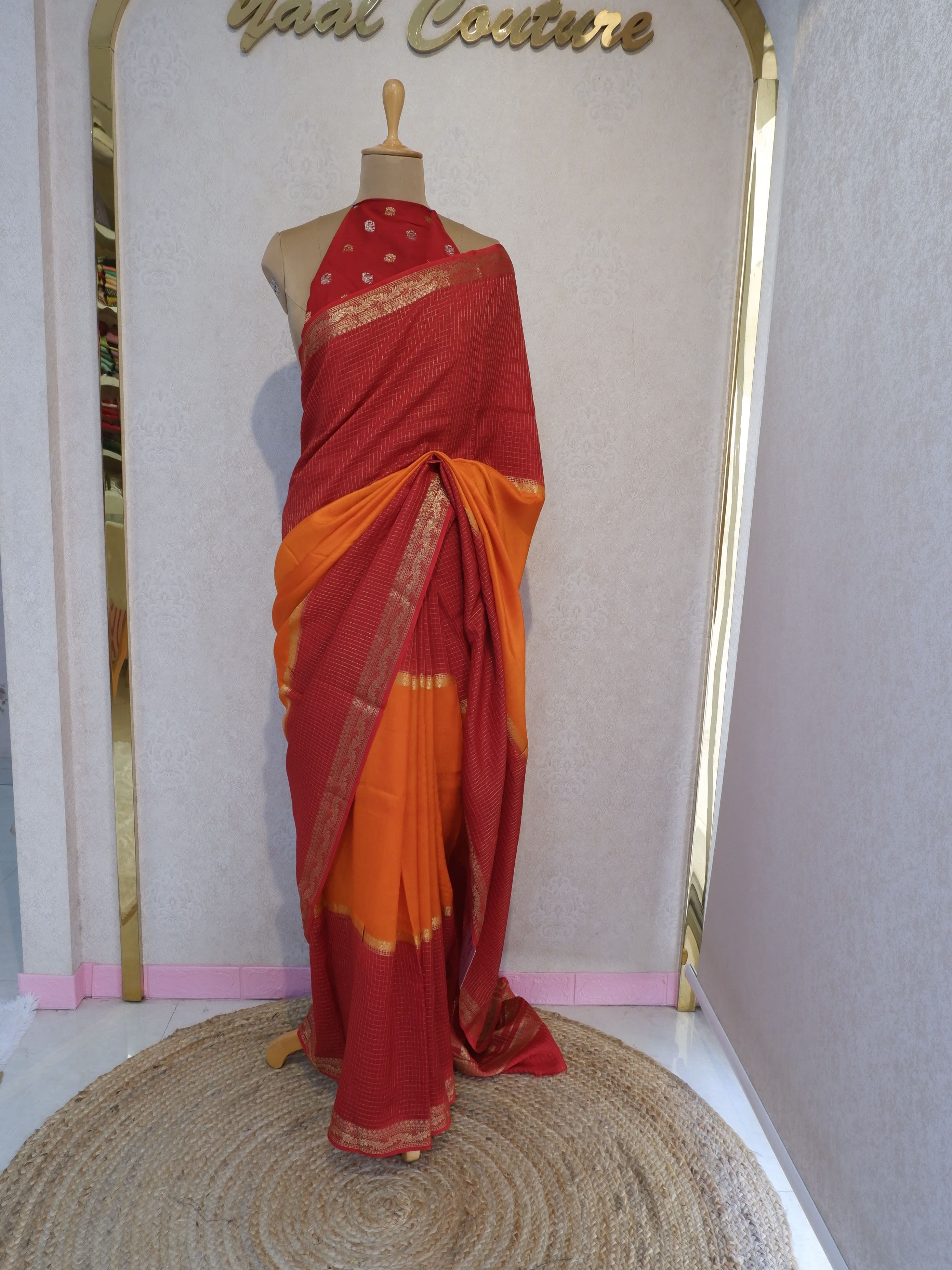 Red Crepe Saree with Check Pattern Online
