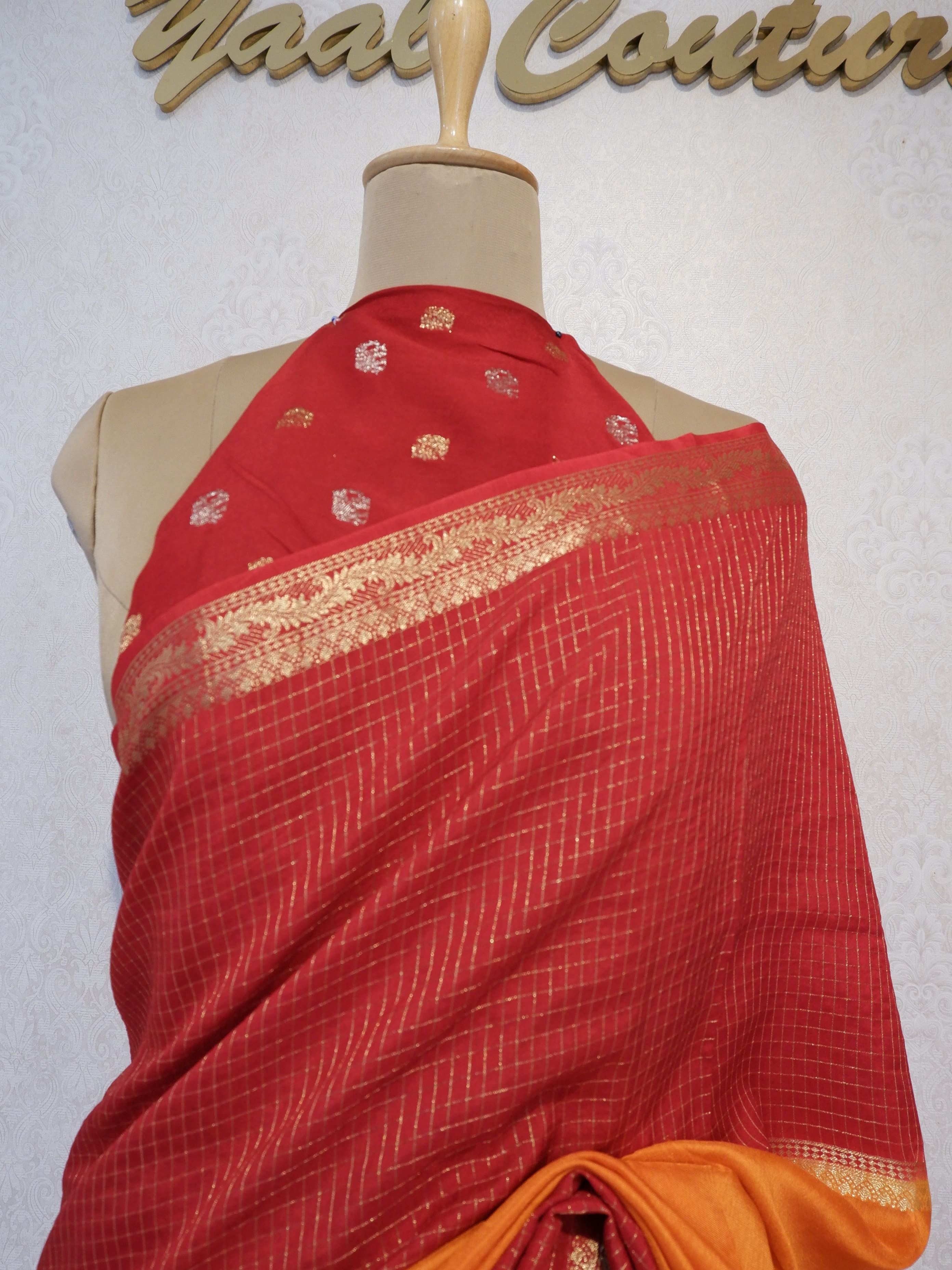 Red Crepe Saree with Check Pattern Online