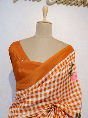 Checks Mangalagiri Rust Colour Saree with Digital Print Online