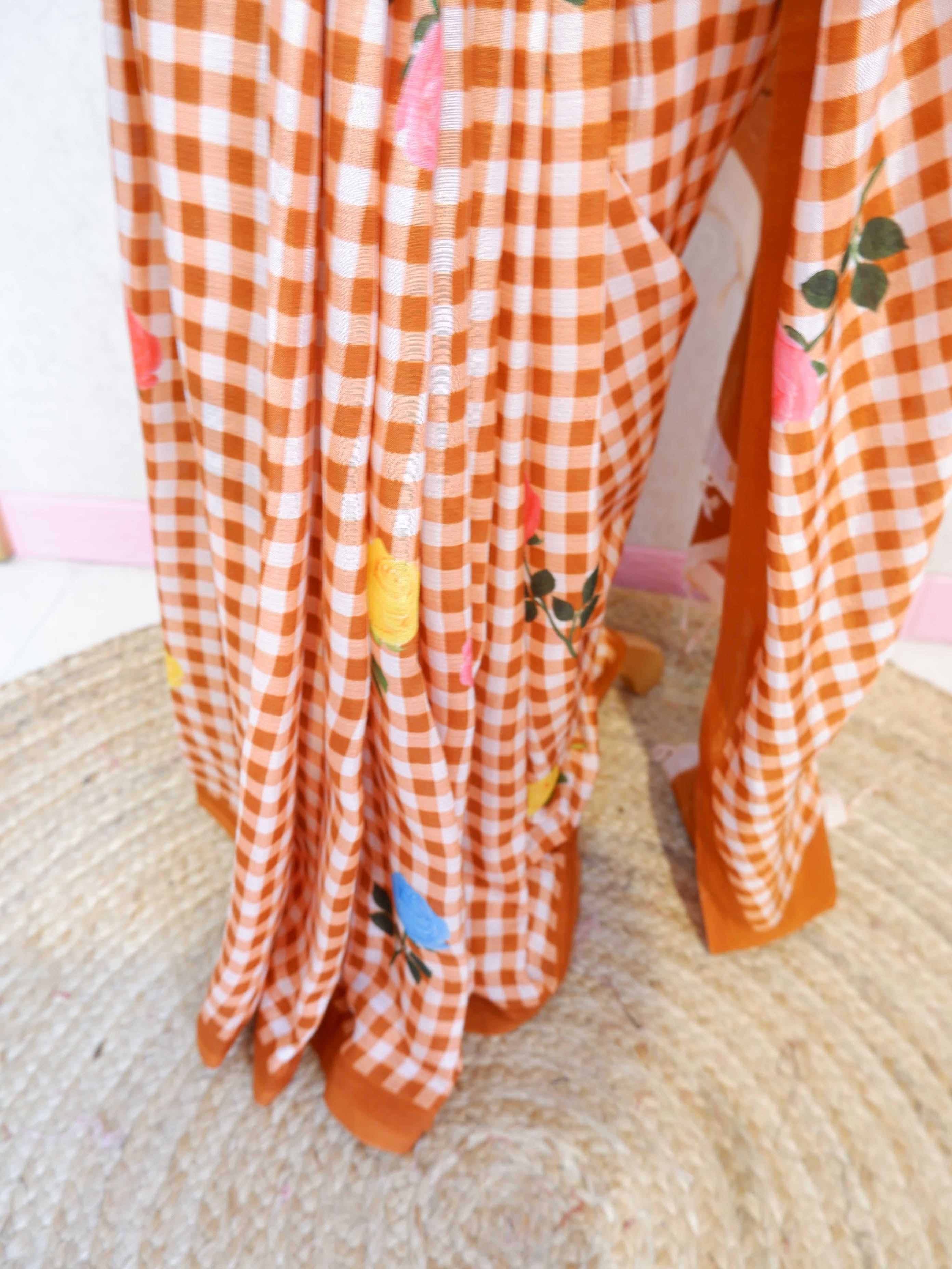Checks Mangalagiri Rust Colour Saree with Digital Print Online