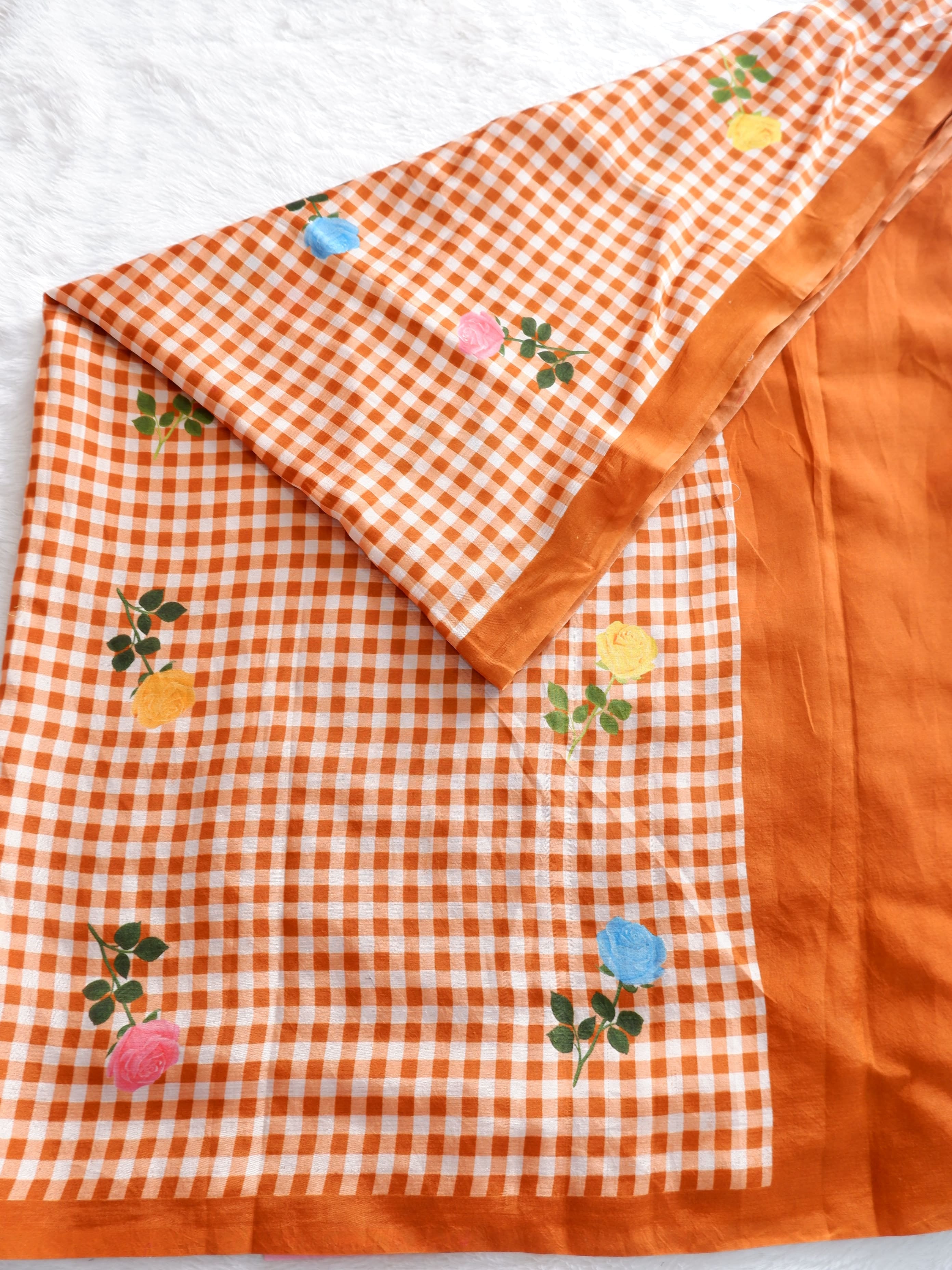 Checks Mangalagiri Rust Colour Saree with Digital Print Online