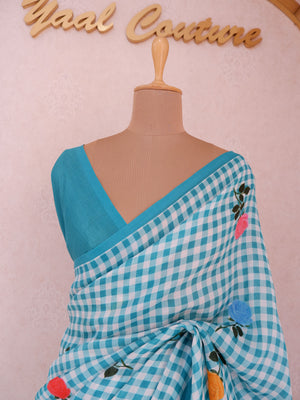Checks Mangalagiri Mint Blue Saree with Digital Print Online