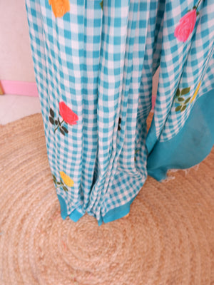 Checks Mangalagiri Mint Blue Saree with Digital Print Online