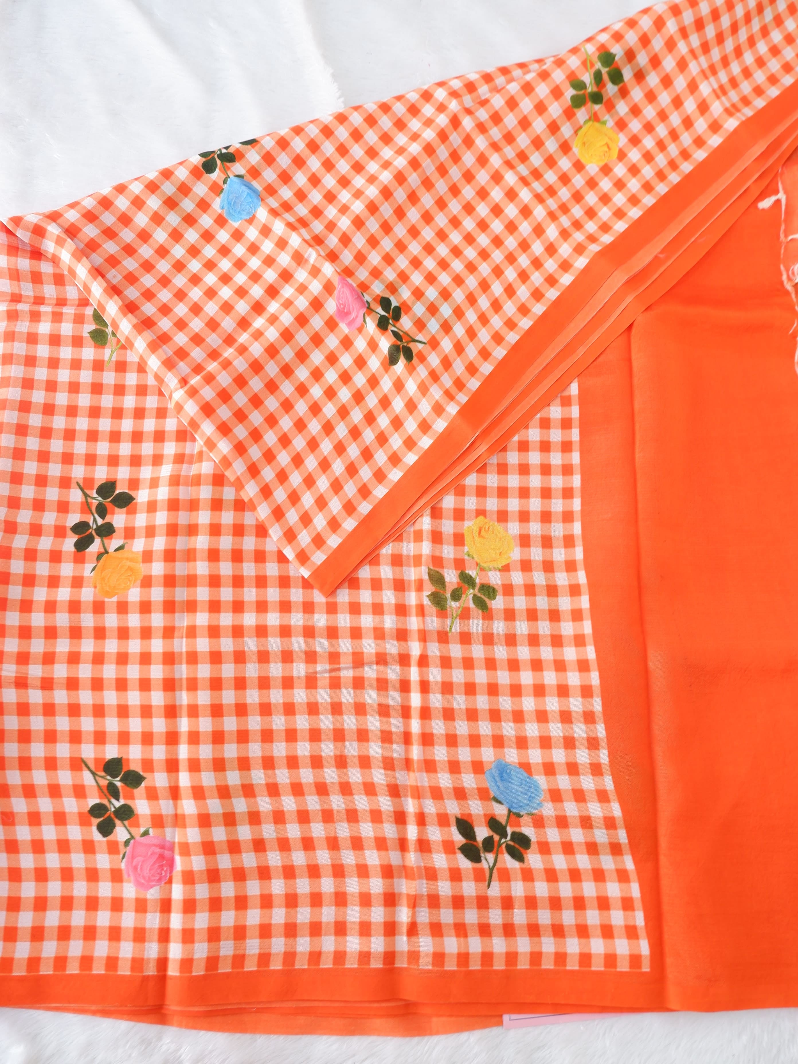 Checks Mangalagiri Orange Saree with Digital Print Online