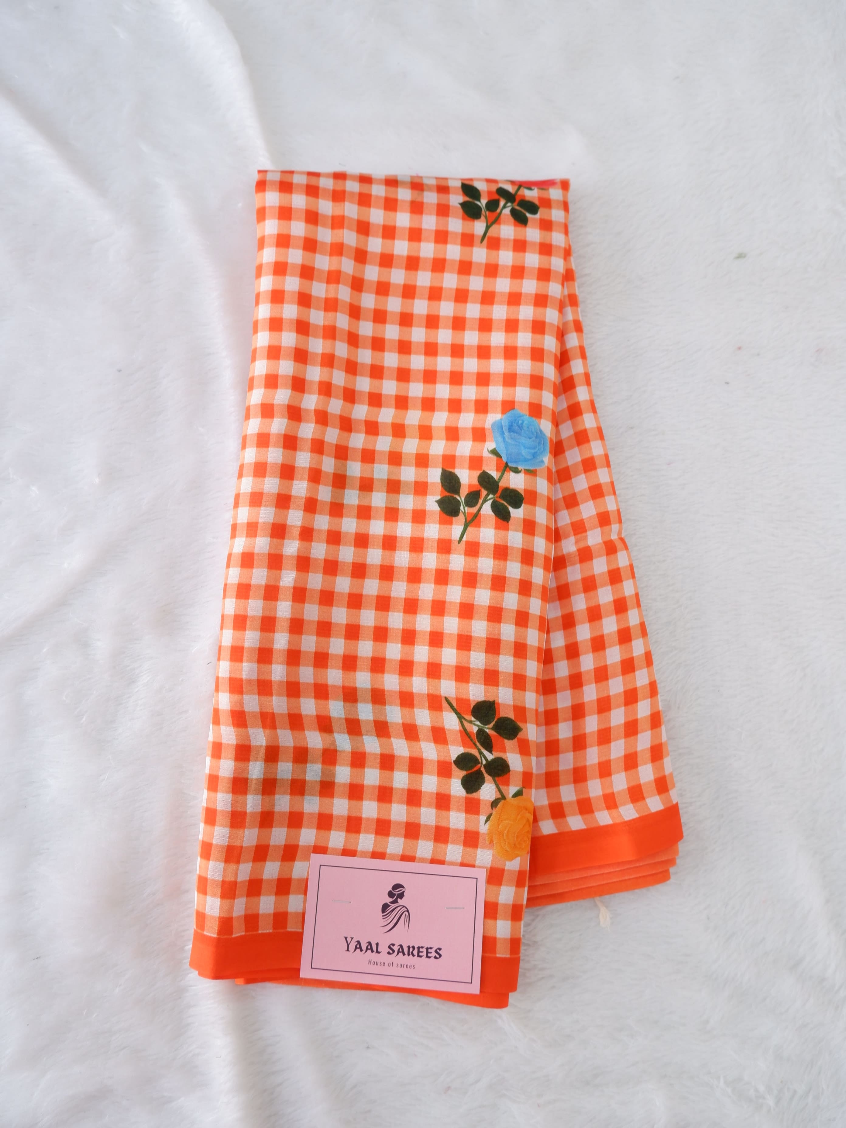 Checks Mangalagiri Orange Saree with Digital Print Online