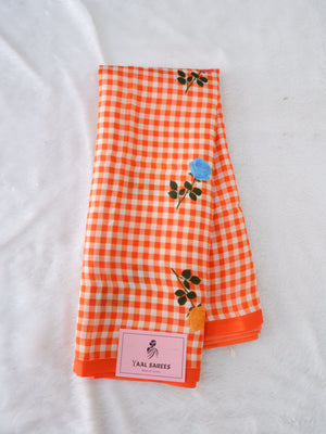 Checks Mangalagiri Orange Saree with Digital Print Online