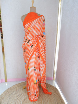 Checks Mangalagiri Orange Saree with Digital Print Online