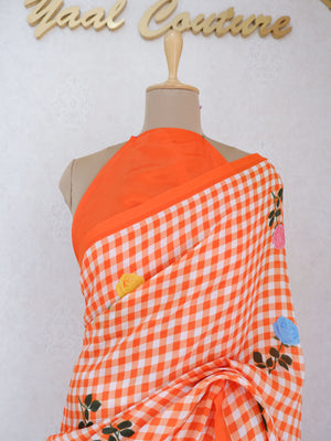 Checks Mangalagiri Orange Saree with Digital Print Online