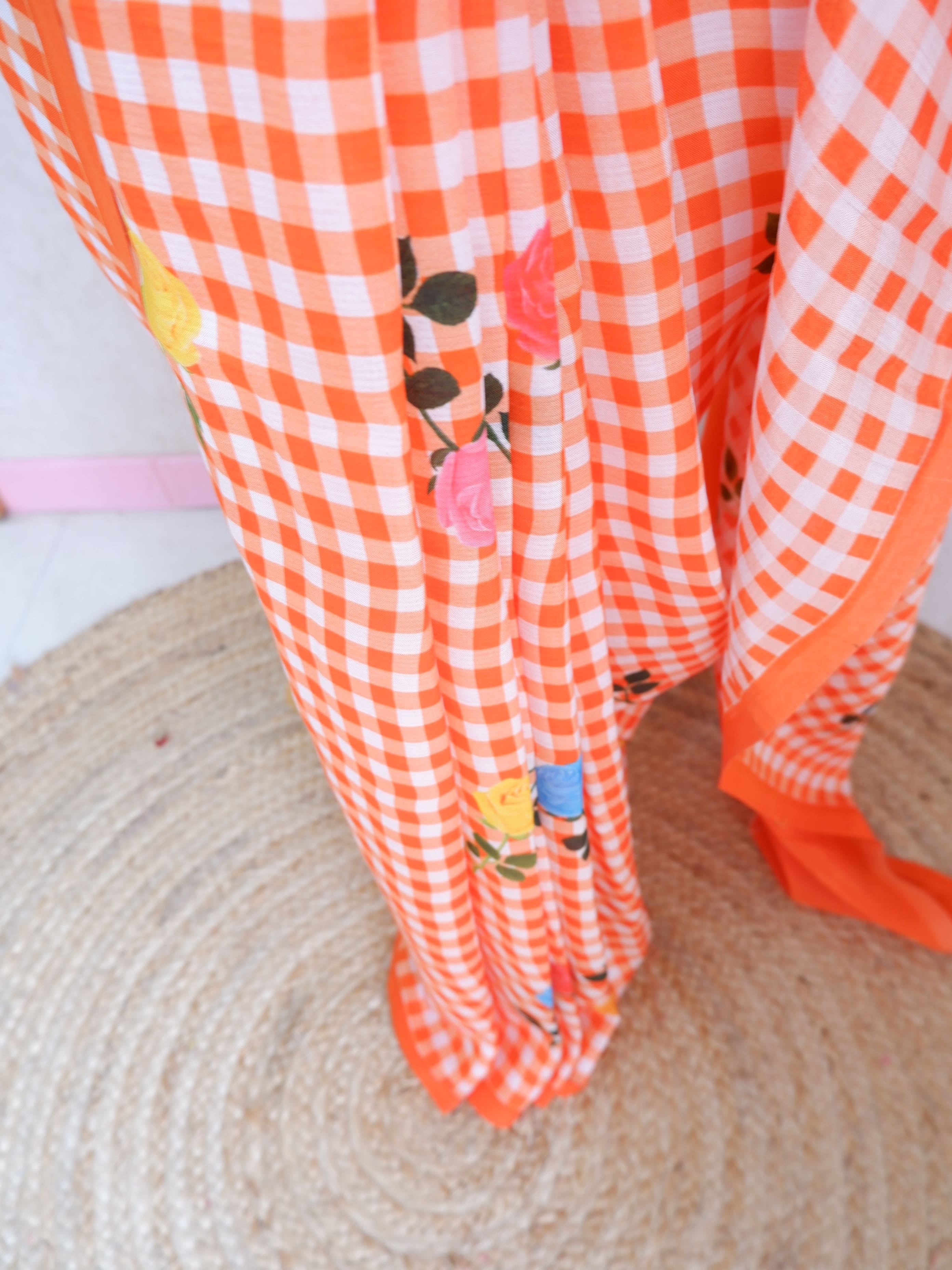 Checks Mangalagiri Orange Saree with Digital Print Online