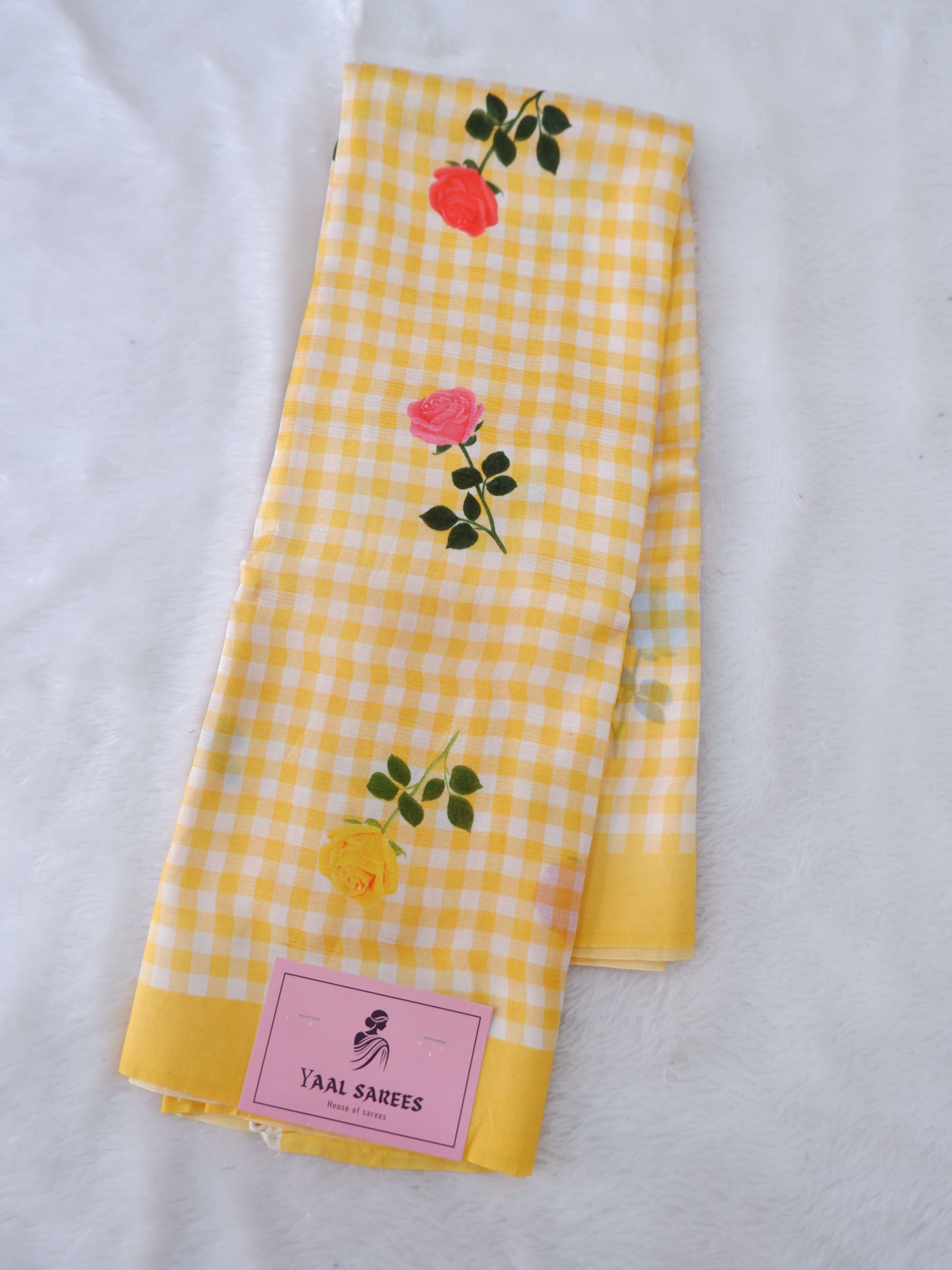 Checks Mangalagiri Vintage Yellow Saree with Digital Print Online