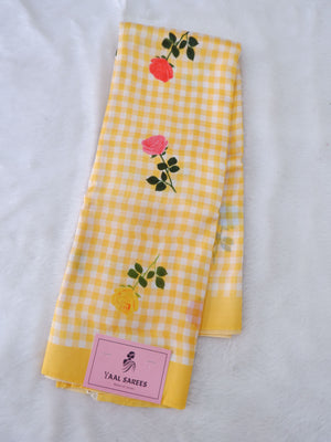 Checks Mangalagiri Vintage Yellow Saree with Digital Print Online