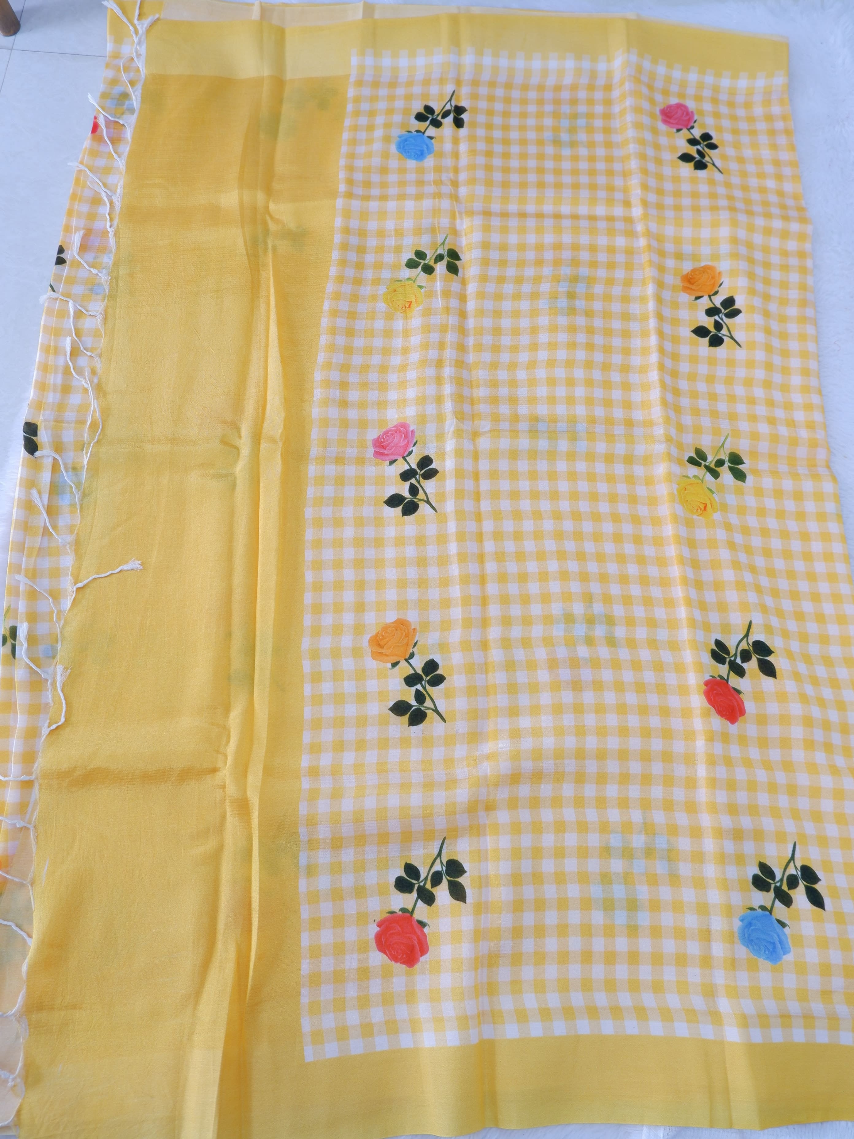 Checks Mangalagiri Vintage Yellow Saree with Digital Print Online