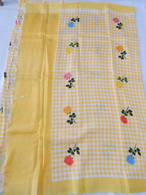 Checks Mangalagiri Vintage Yellow Saree with Digital Print Online
