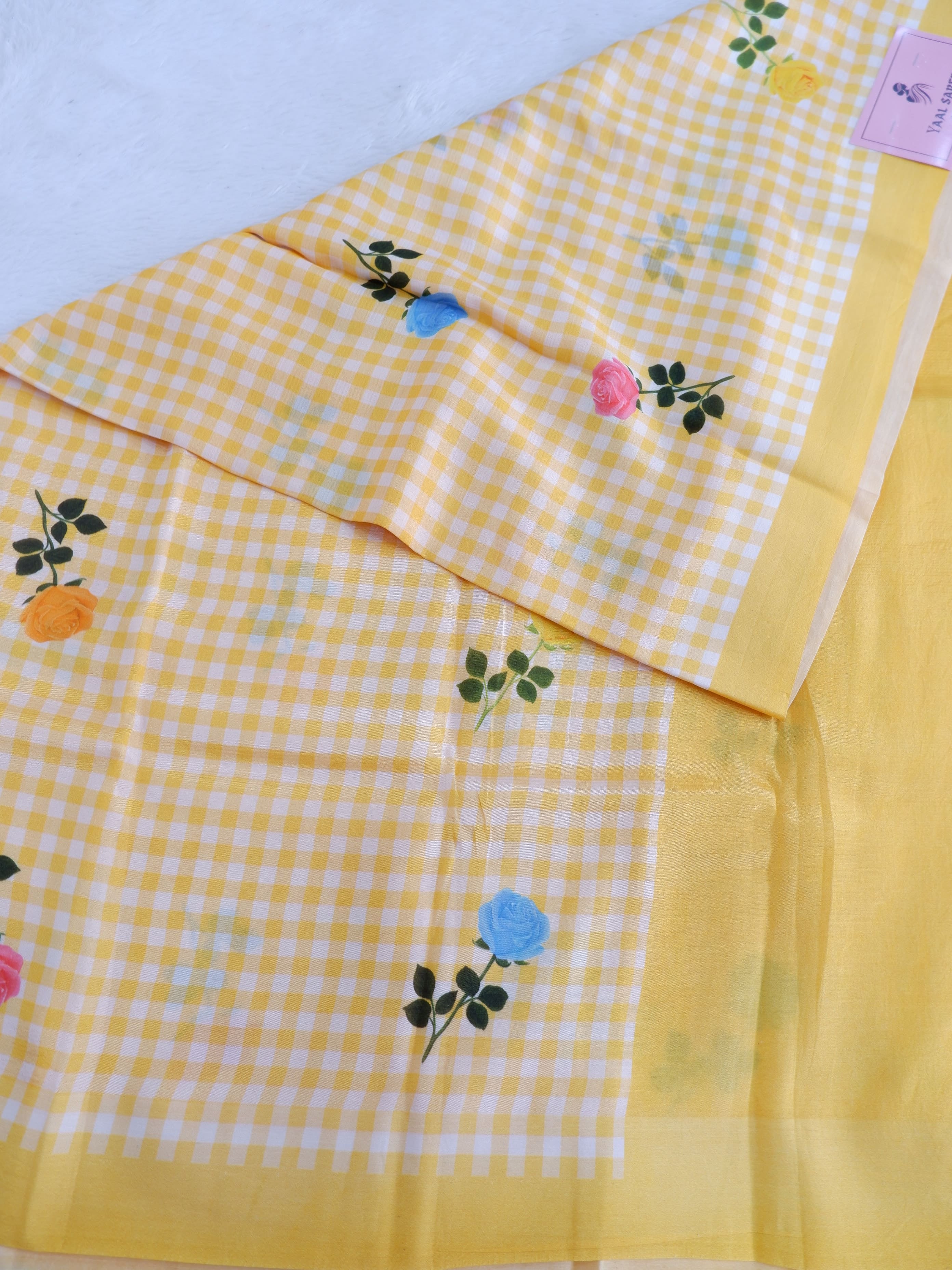 Checks Mangalagiri Vintage Yellow Saree with Digital Print Online