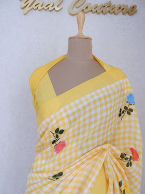 Checks Mangalagiri Vintage Yellow Saree with Digital Print Online