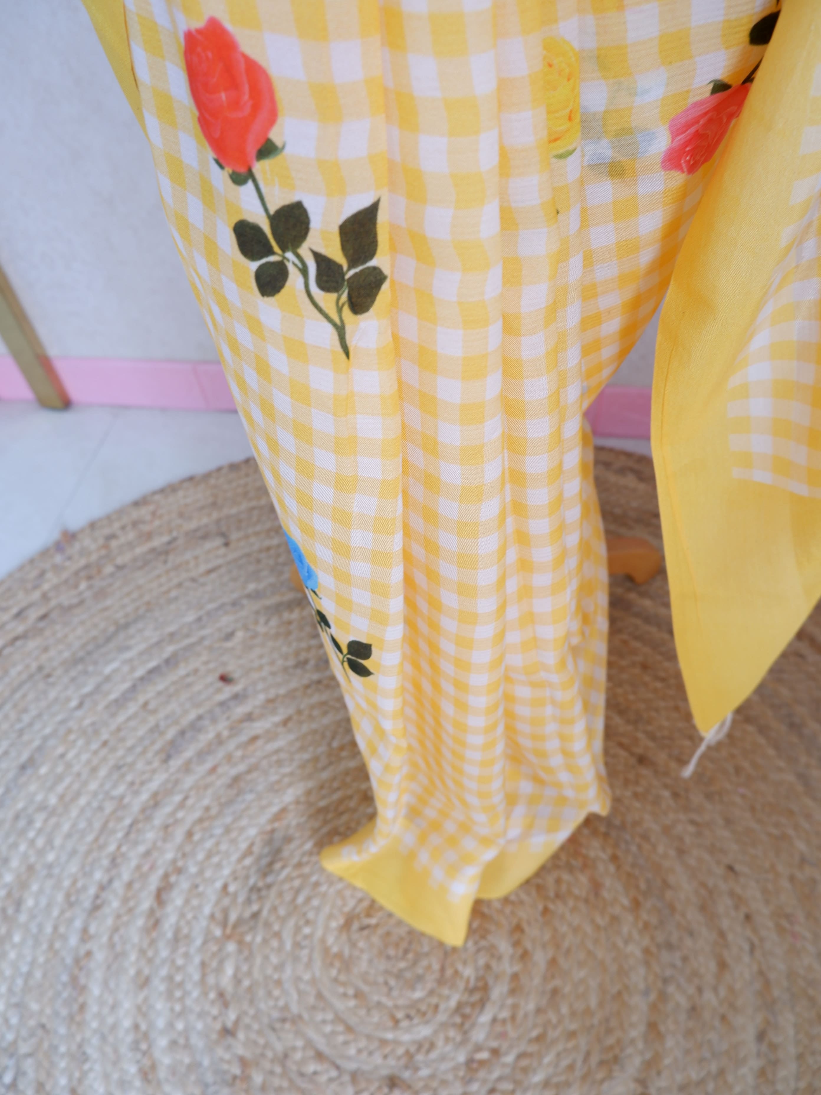 Checks Mangalagiri Vintage Yellow Saree with Digital Print Online