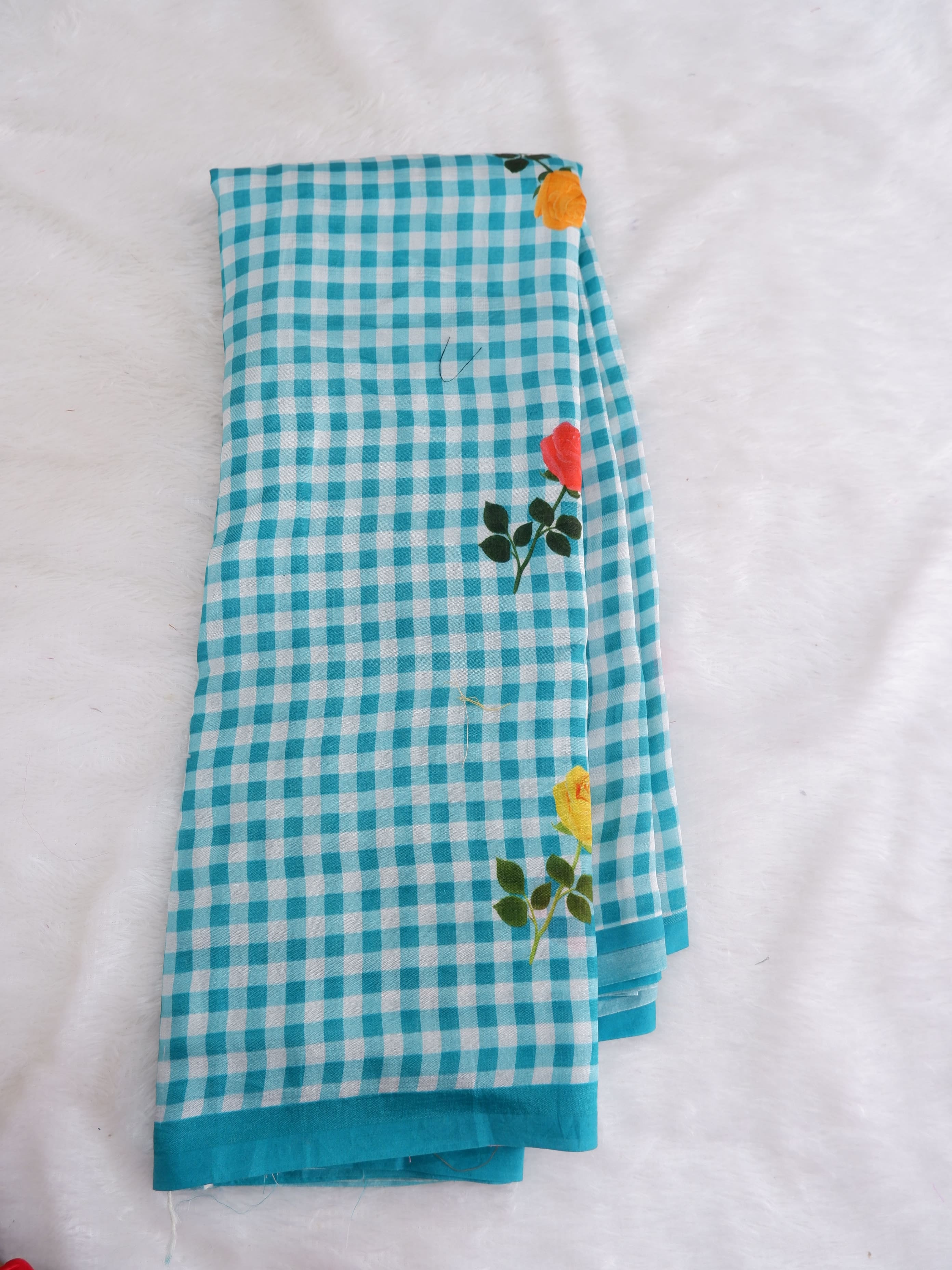 Checks Mangalagiri Mint Blue Saree with Digital Print Online