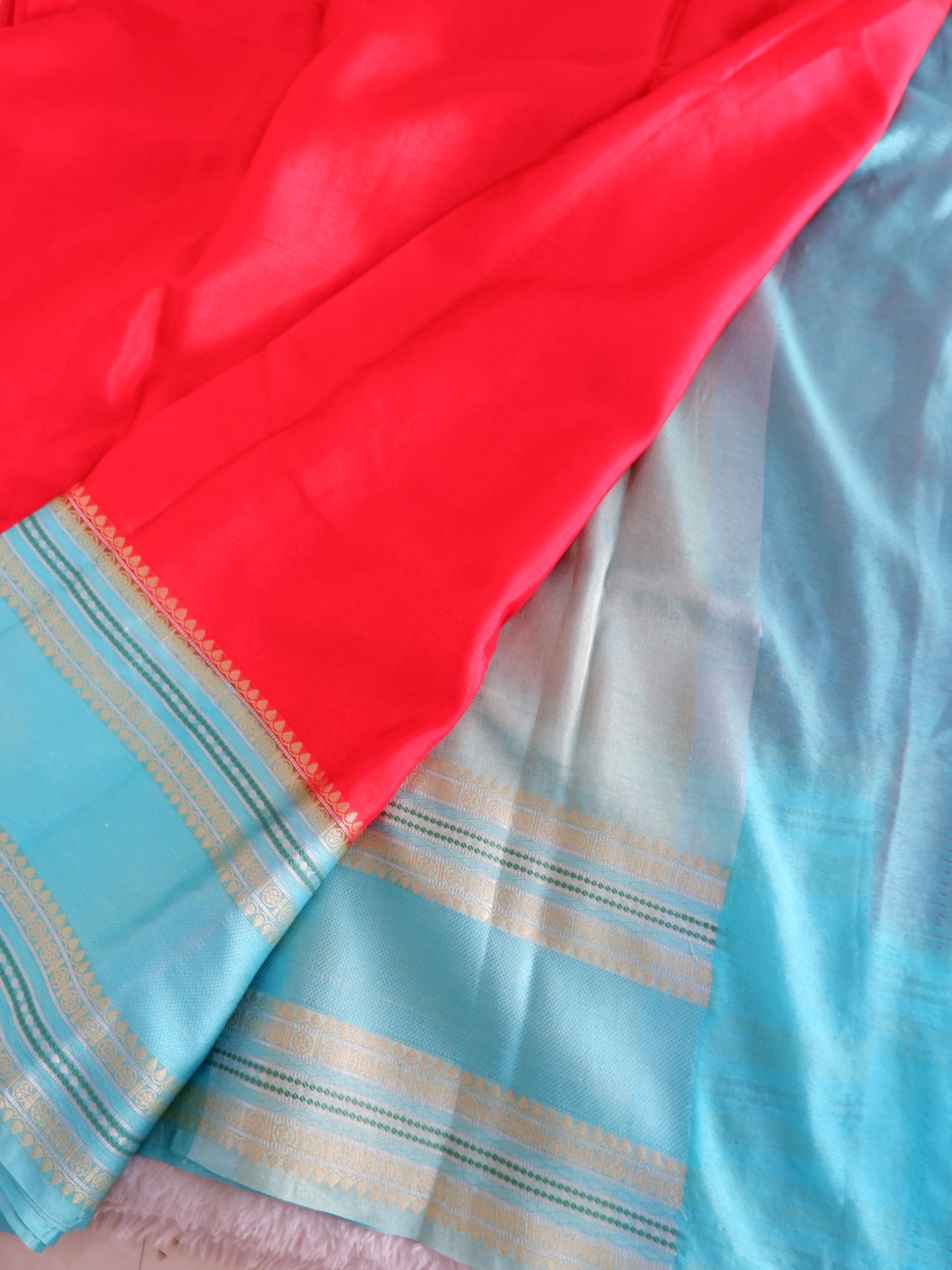 Red Warm Silk Saree with Sea Green Gadwal Border Online