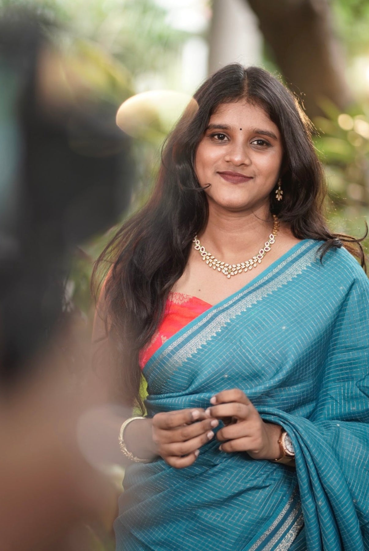 Semi Mysore crepe  Persian Green Saree with Pink Contrast Blouse