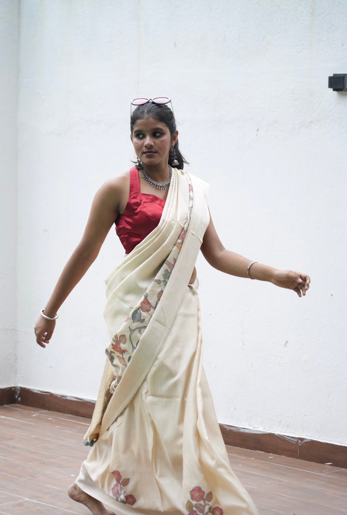 Semi Tusser Silk Saree with Applique Work Checks Design