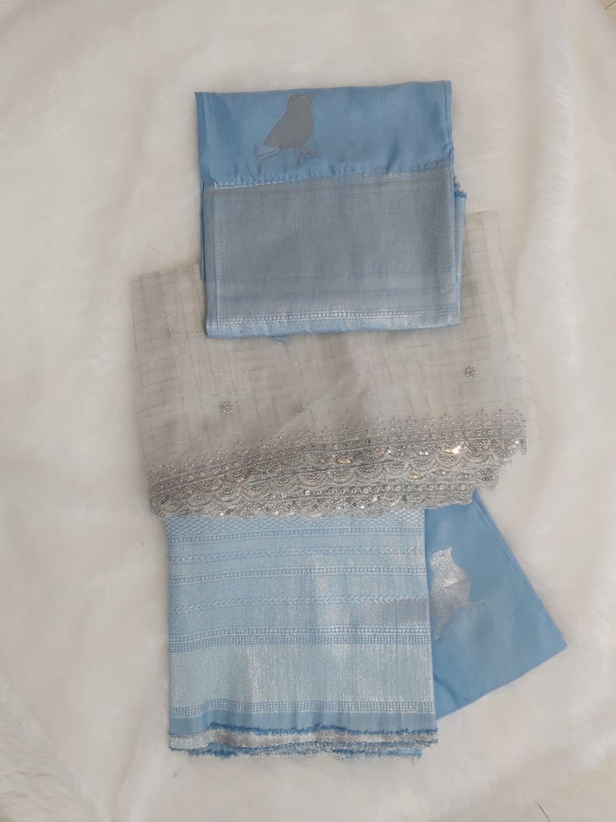 Banarasi Weave Half Saree Blue With Net Scalloped Dupatta