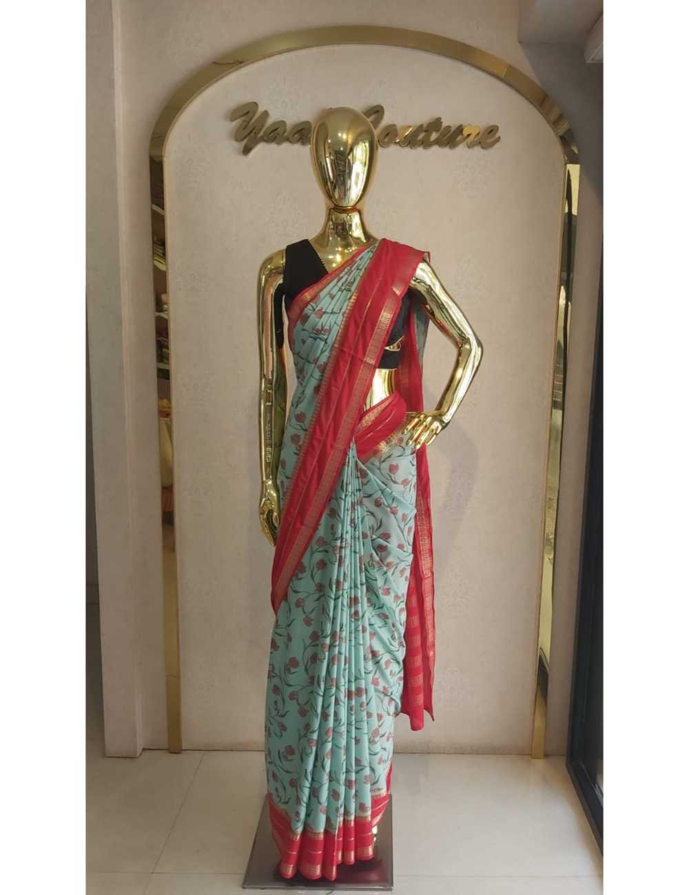Crepe Silk Saree With Bentex Border Blue And Pink