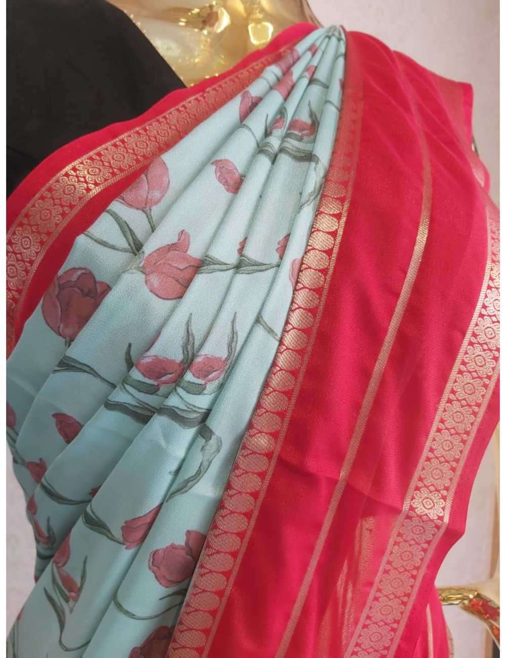 Crepe Silk Saree With Bentex Border Blue And Pink