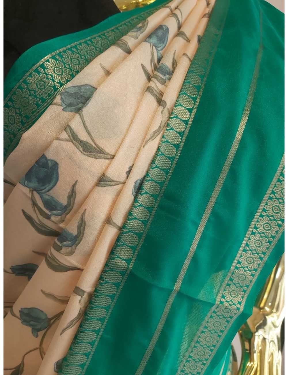 Crepe Silk Saree With Bentex Border Peach And Green
