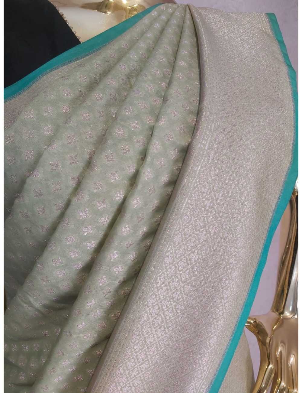 Banarasi Silk Saree Leaf Green With Rama Green Piping