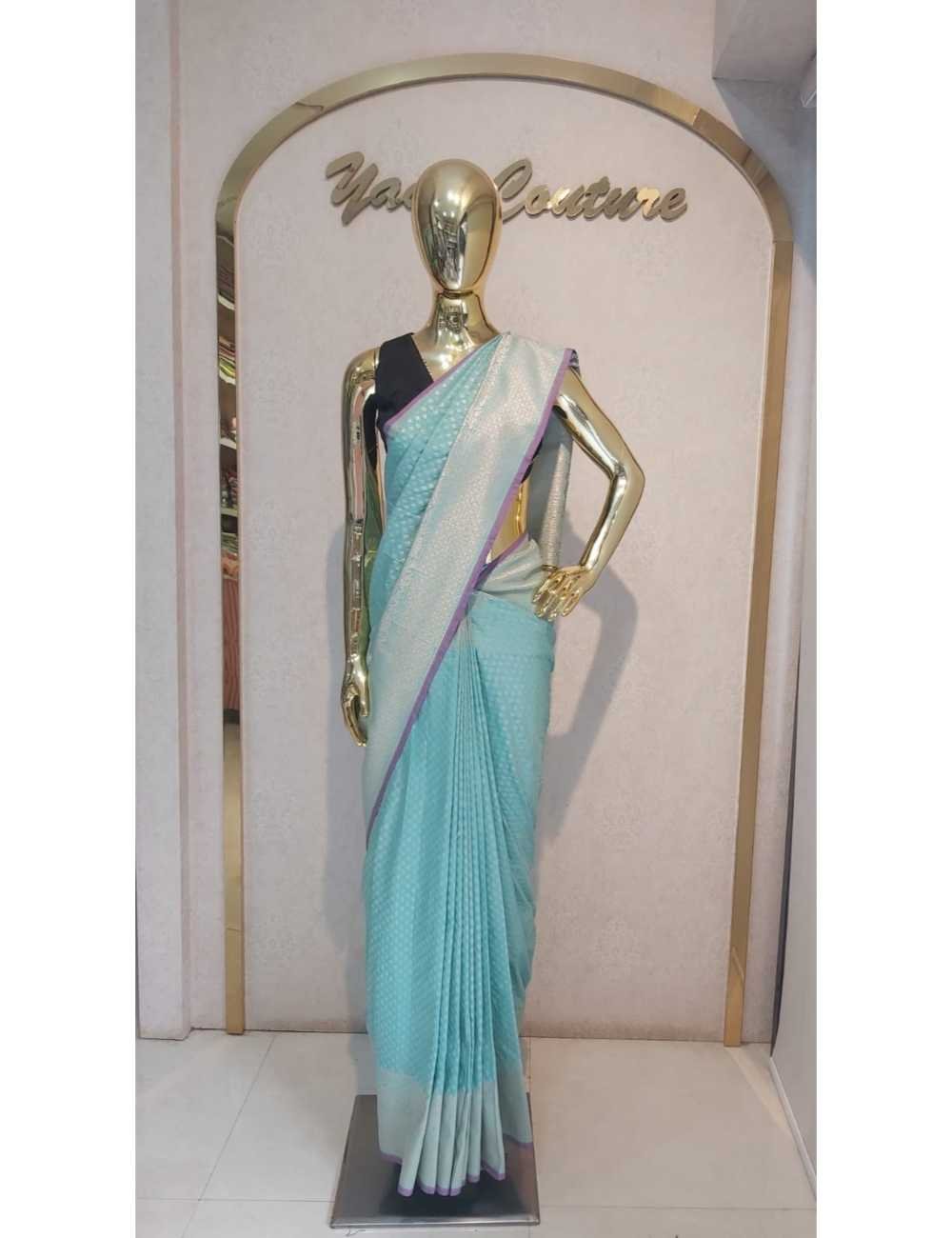 Banarasi Silk Saree See Green With Purple Piping