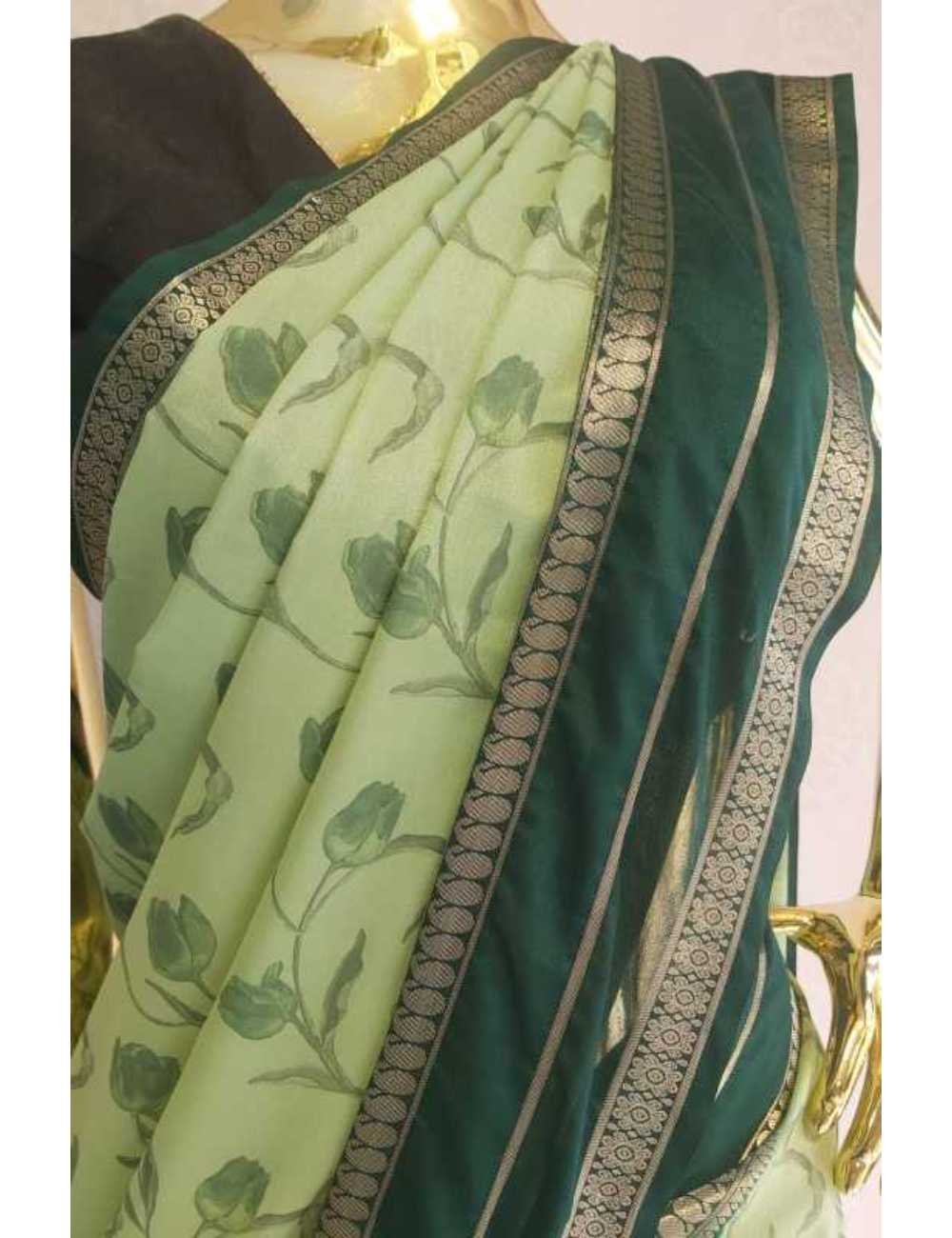 Crepe Silk Saree With Bentex Border Green And Thick Green