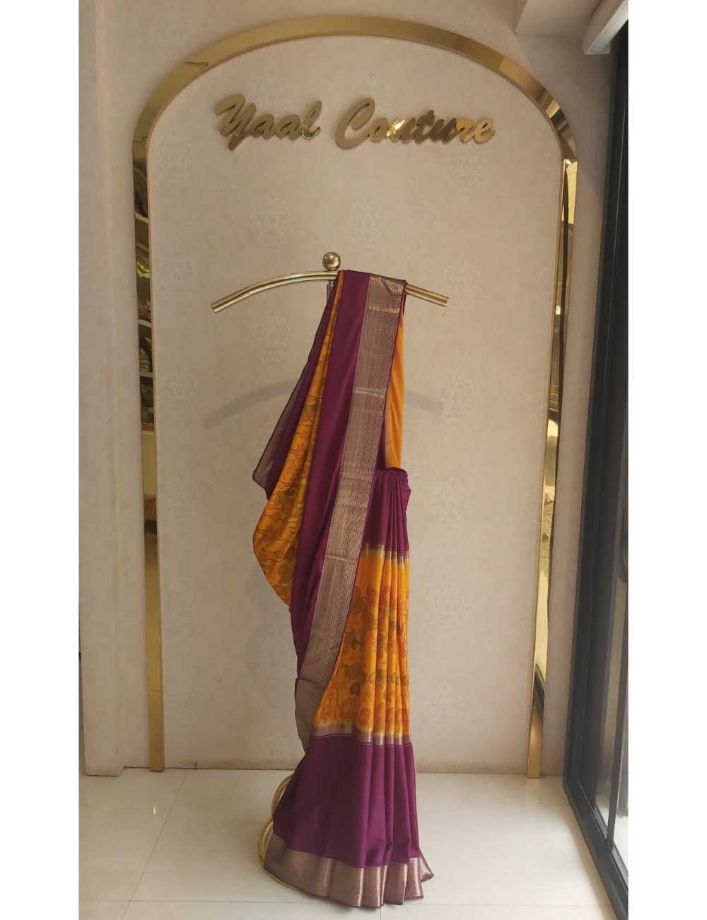 Kalamkari Print Saree Mustard And Purple