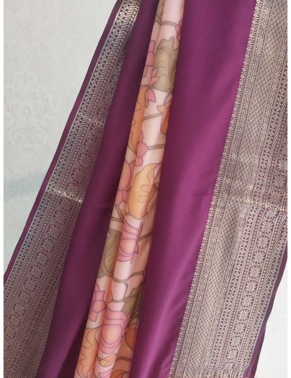 Kalamkari Print Saree Peach And Purple