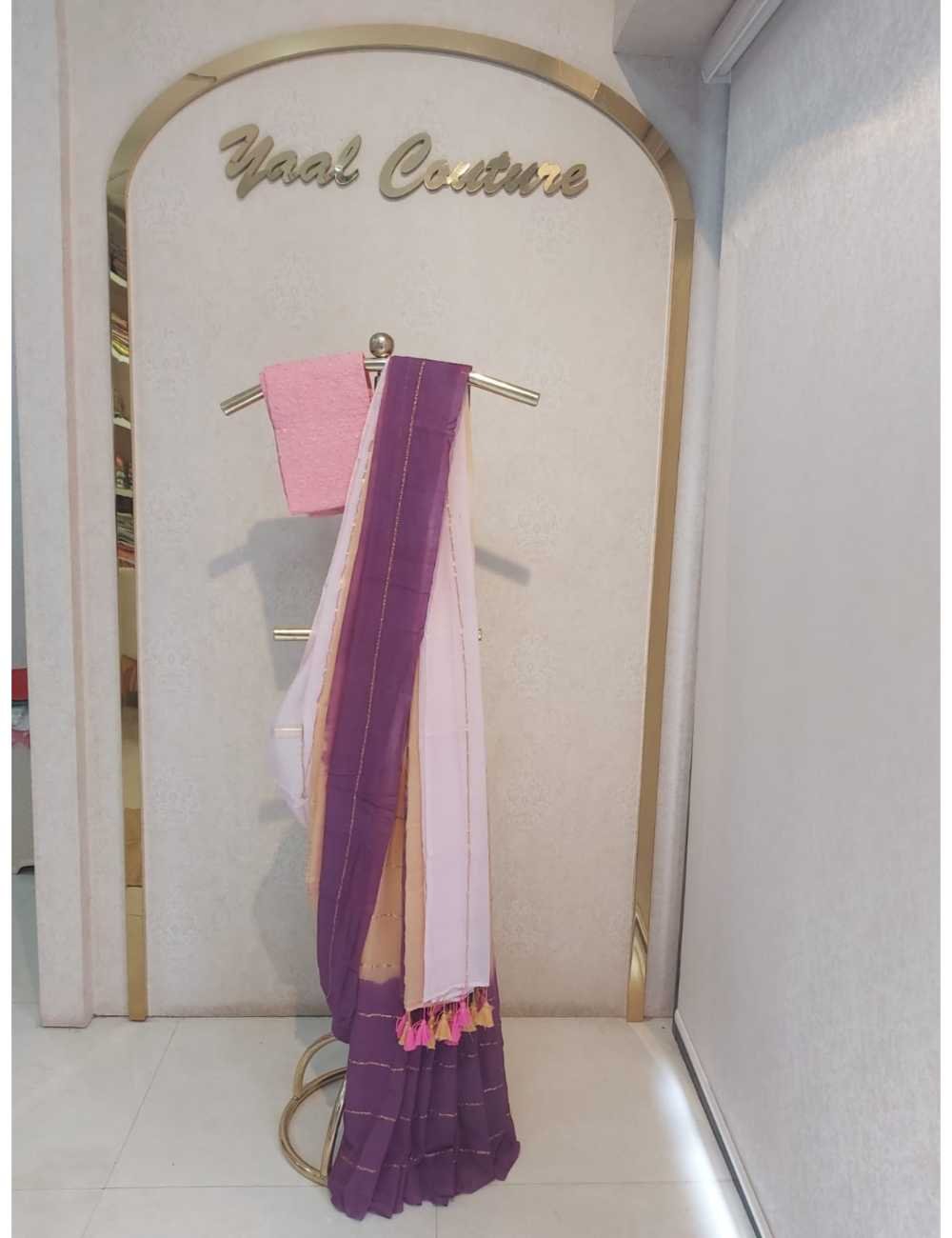 Tricolour Mul Saree with Dark Pink Blouse