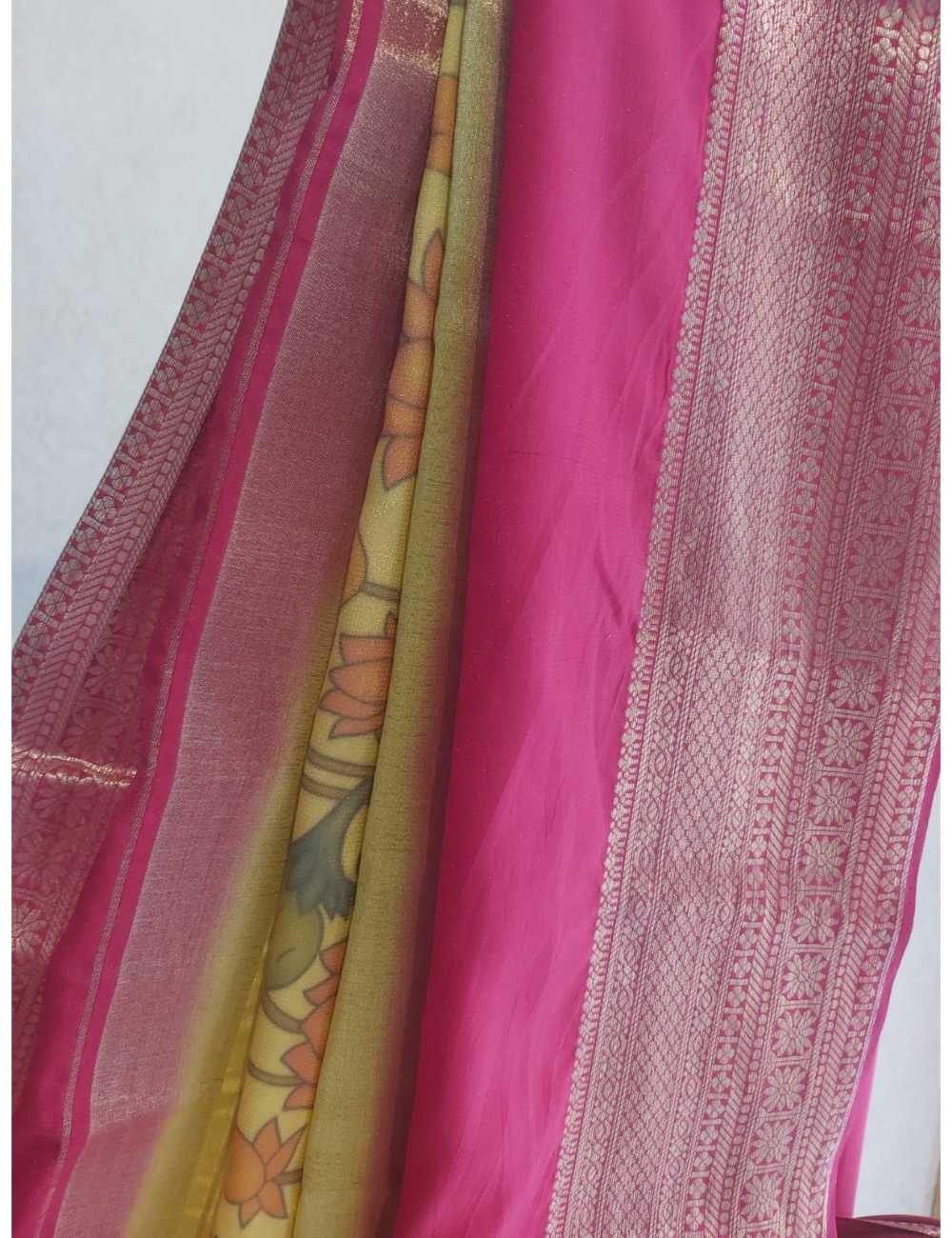 Kalamkari Print Saree Yellow And Pink