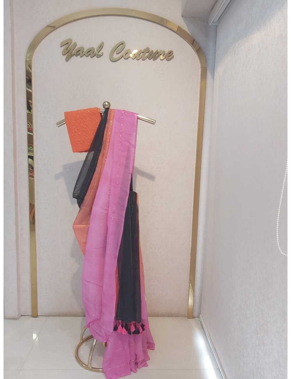 Tricolour Mul Saree with Orange Blouse