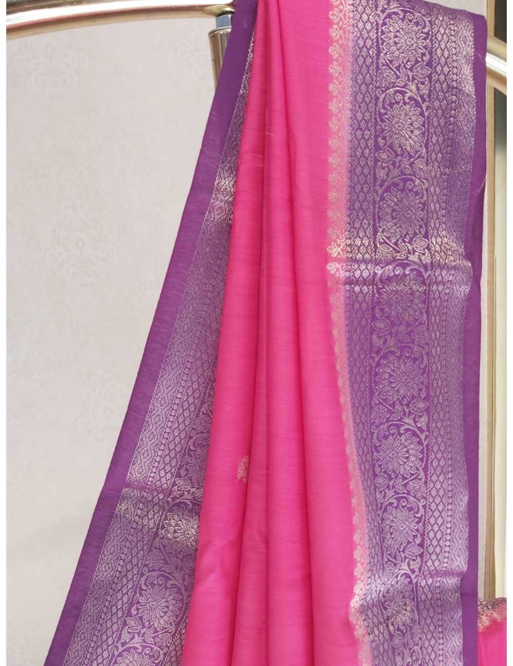 Contrast Butta Saree Pink And Purple Border